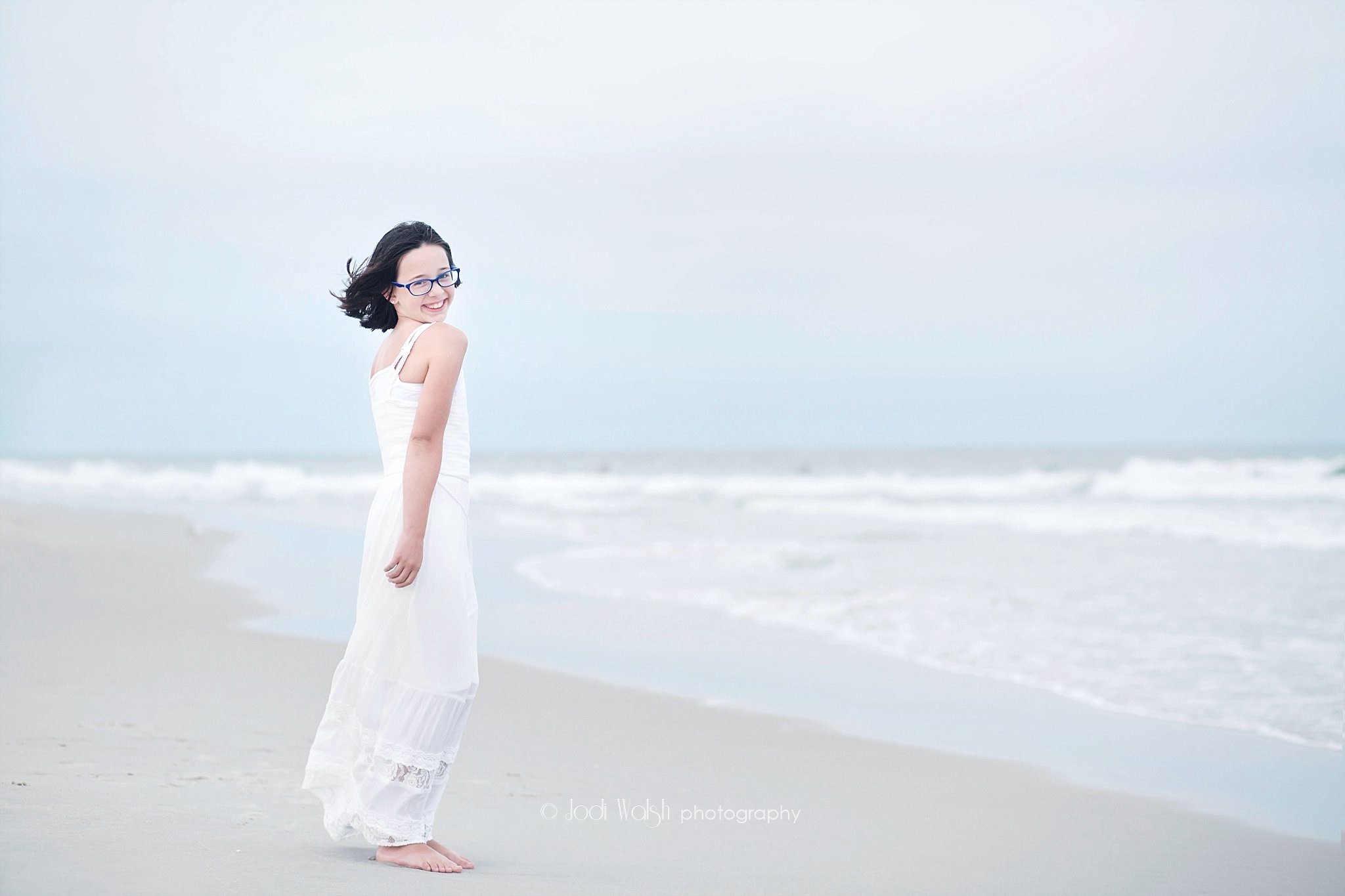 tween beach girl in a white dress on Long Beach Island, NJ