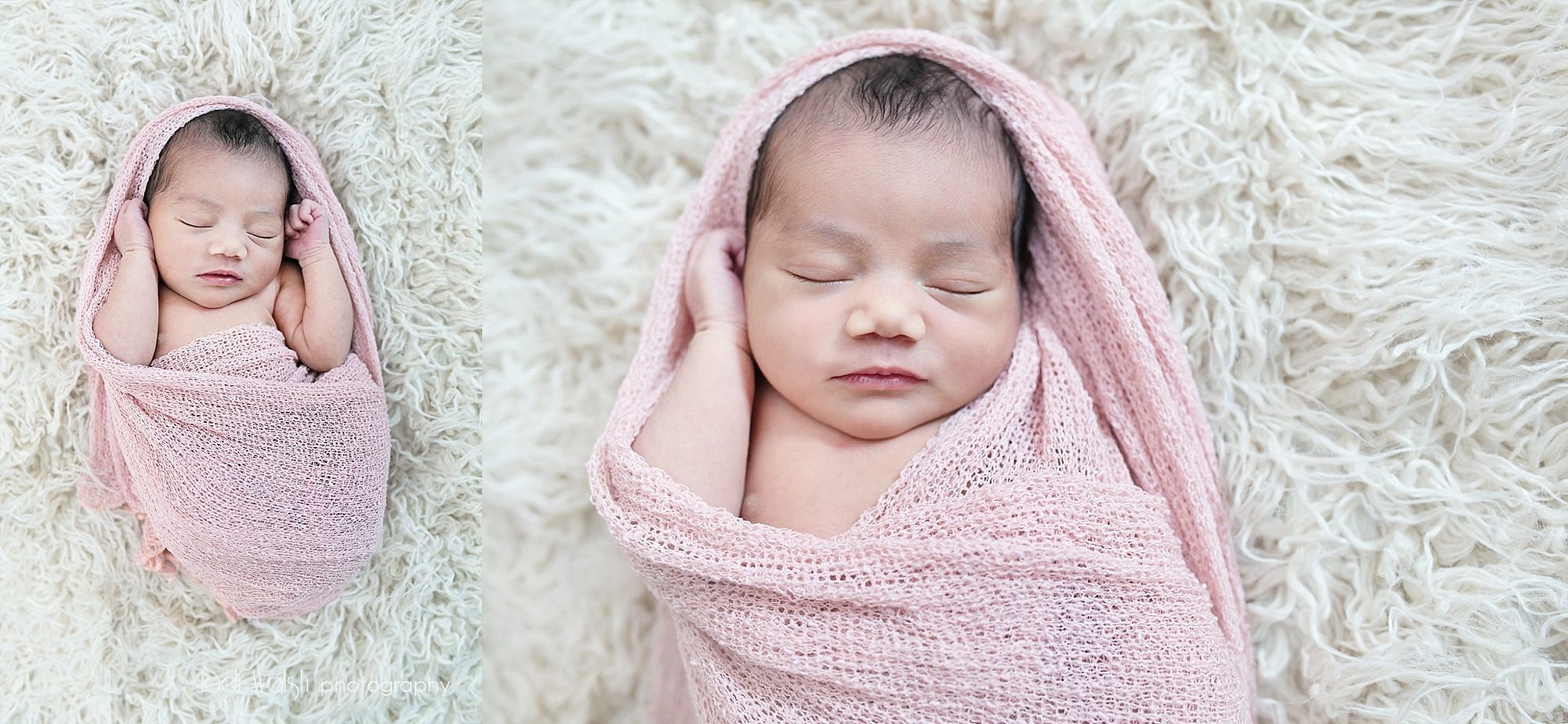 newborn baby girl with dark hair in a light pink wrap