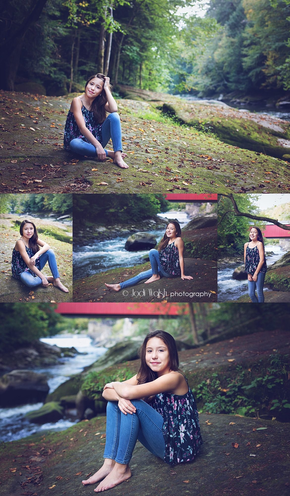 collage of portraits with a tween girl at McConnells Mills State Park, Pennsylvania