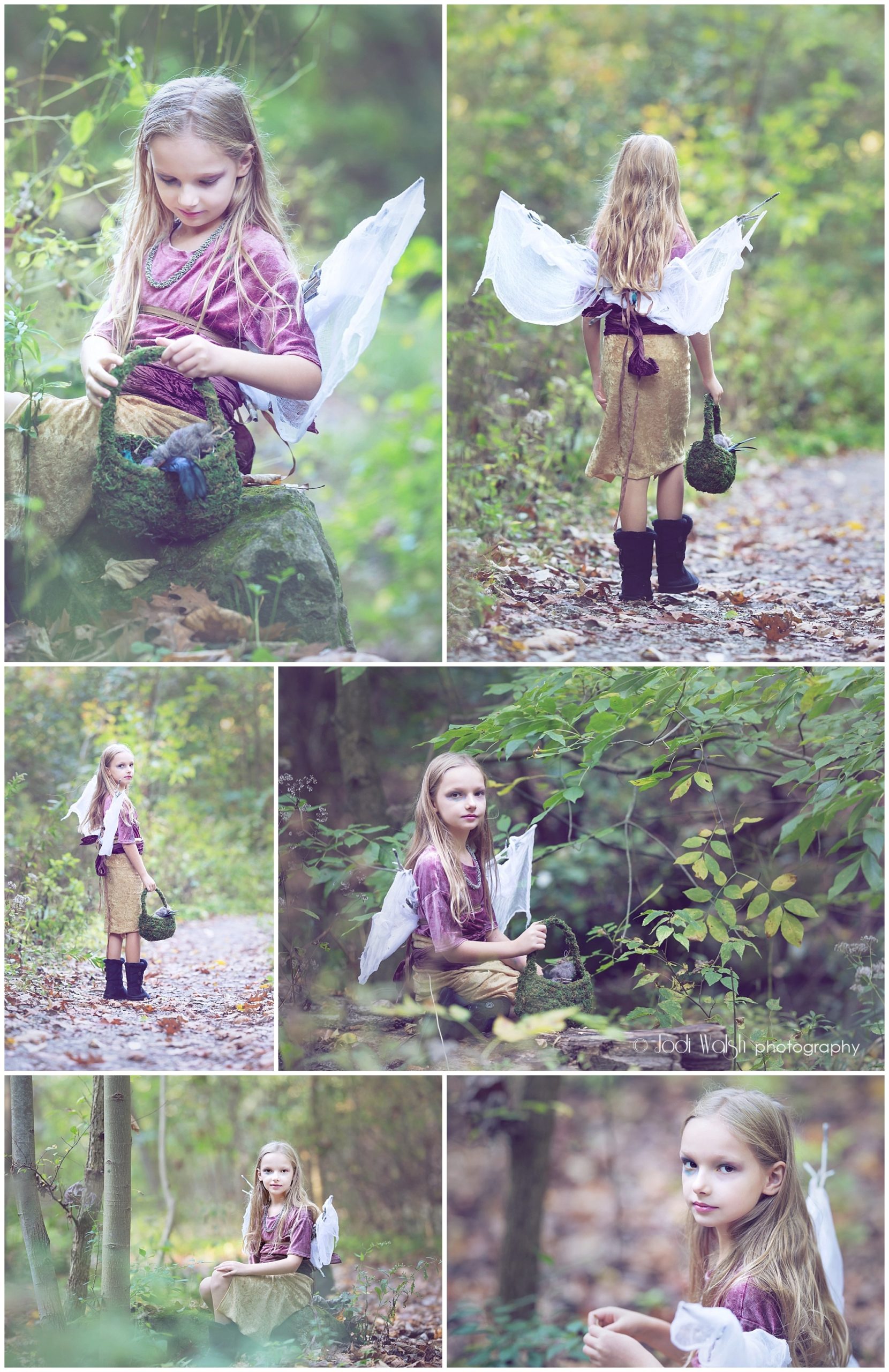 little girl with wings, playing pretend in the woods