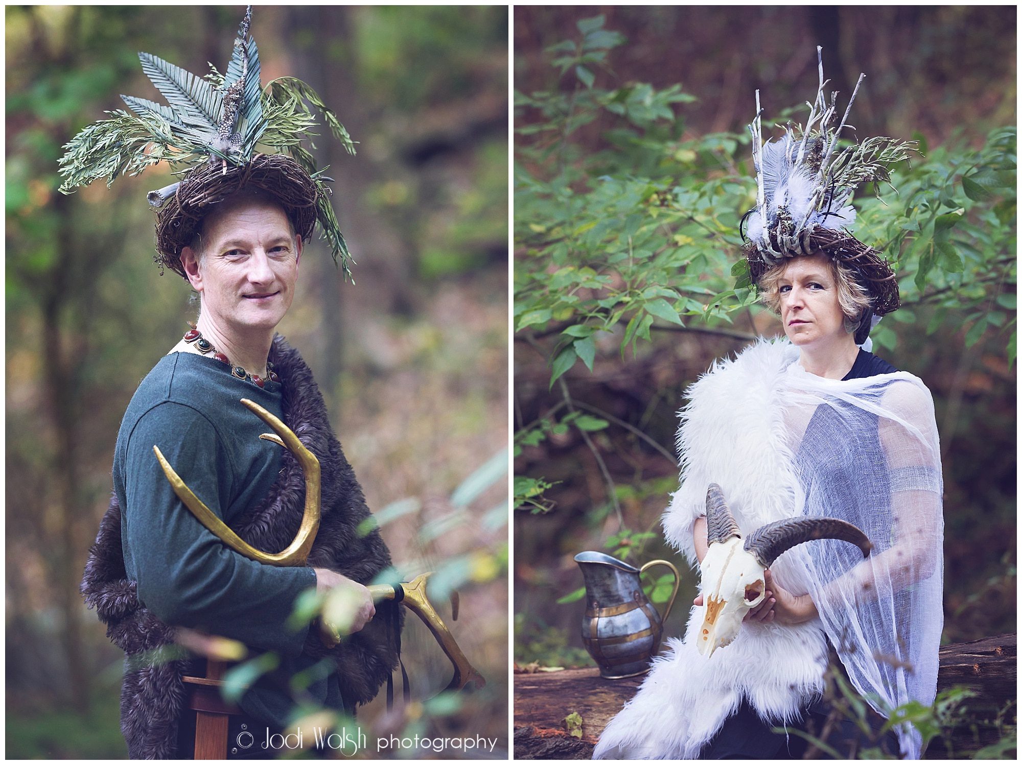 husband and wife, whimsical portraits in the woods