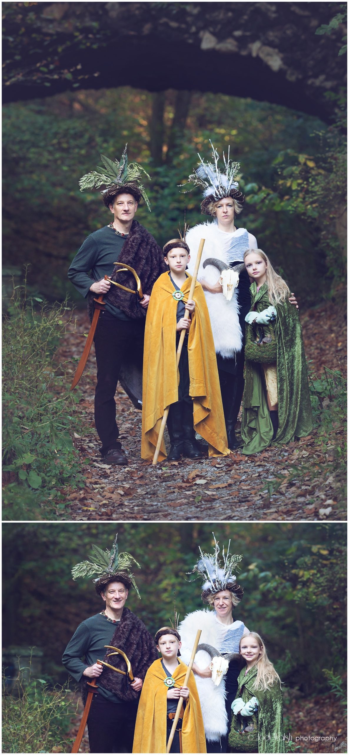 creative family portrait in the woods