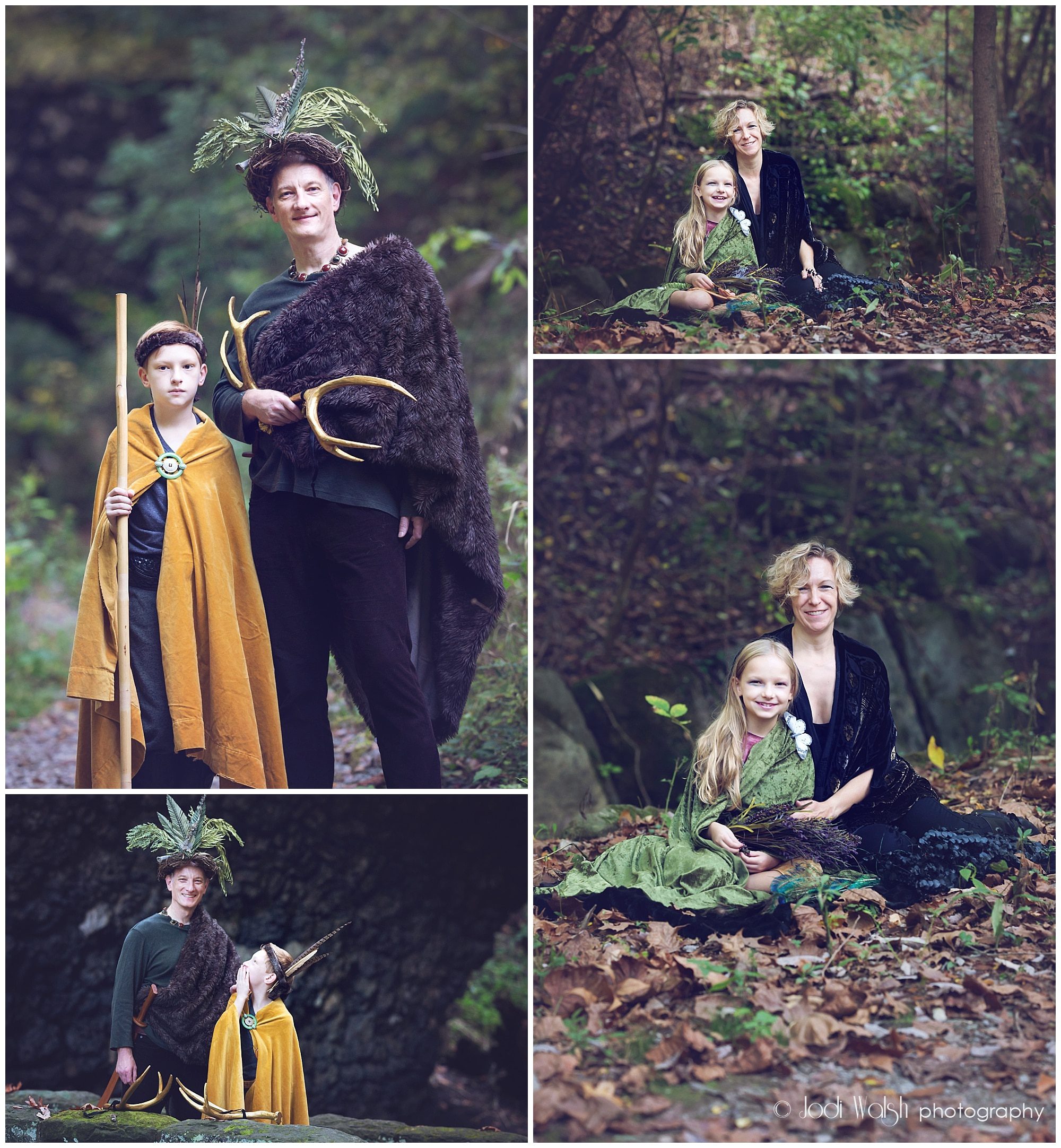 whimsical family portraits with costumes in the woods