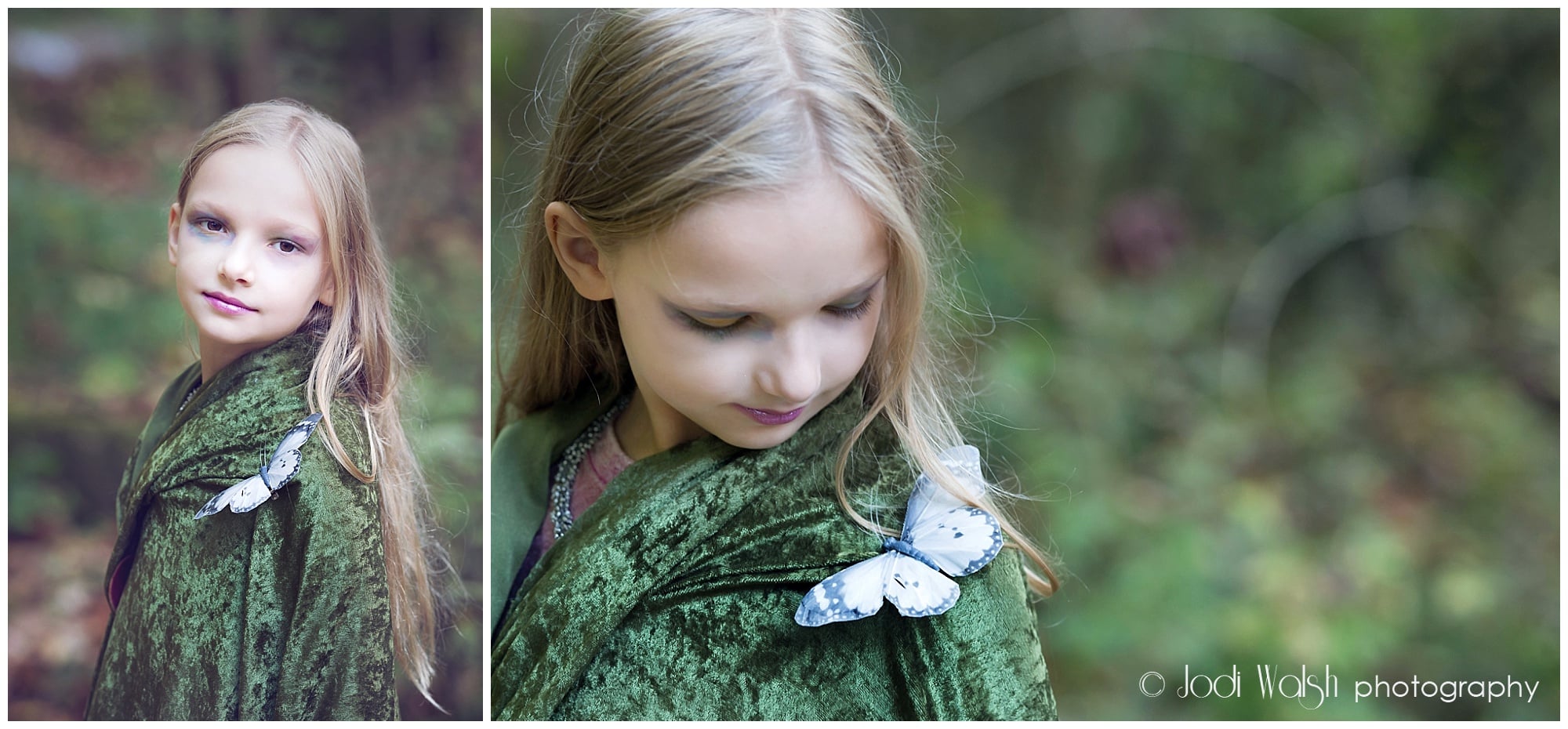 little girl with green cloak and butterfly