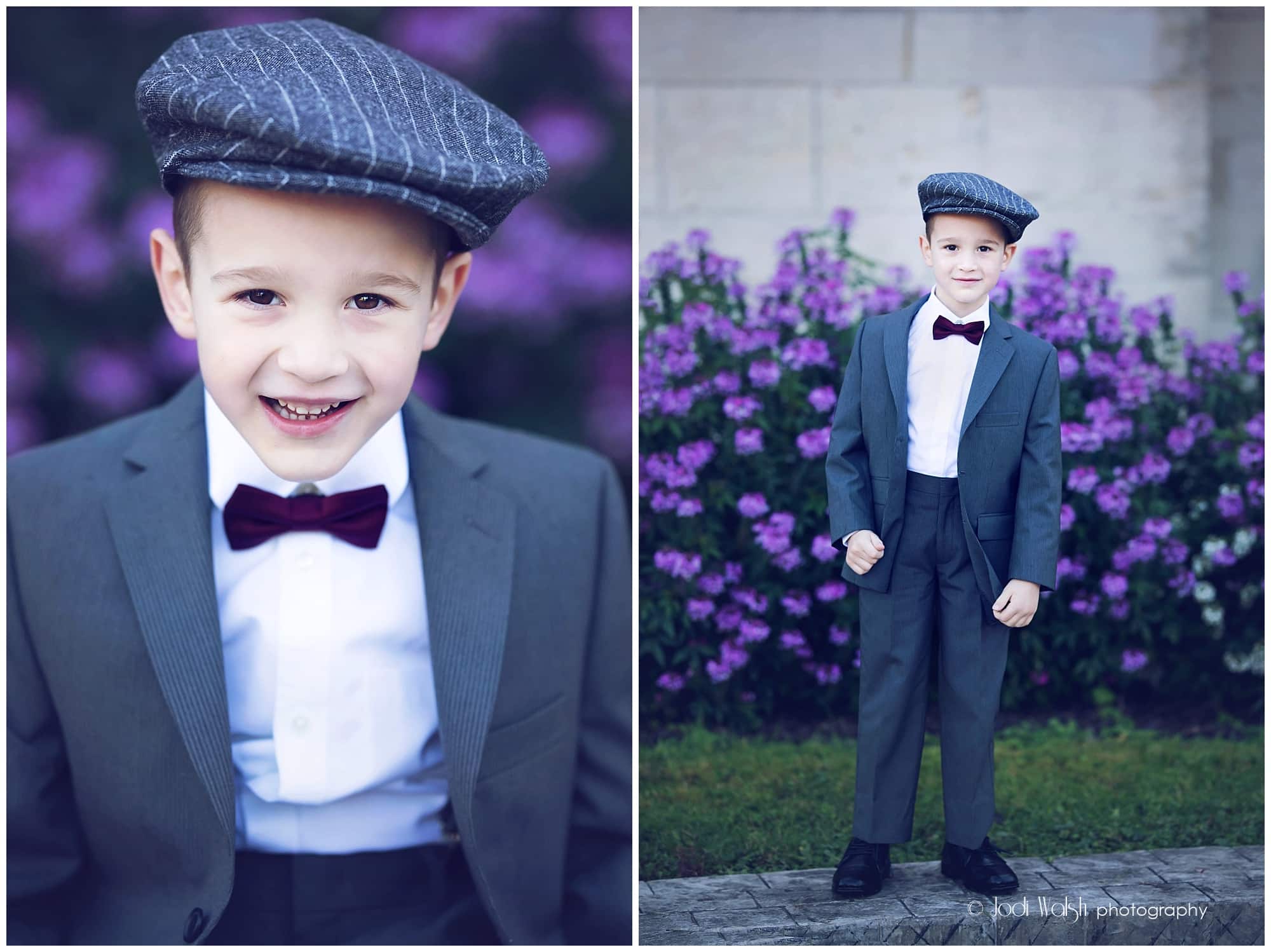little boy in newsboy hat and bow tie