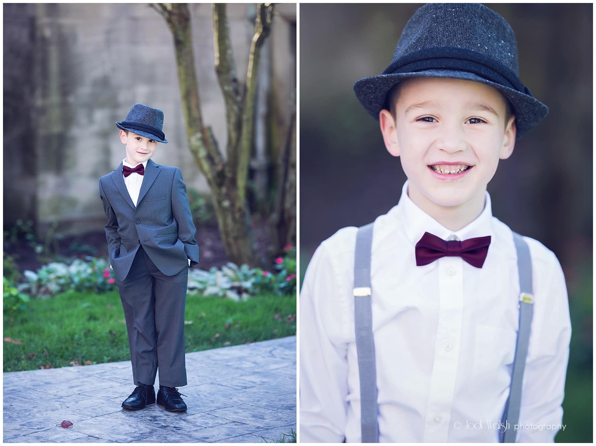 little boy in suit with suspenders and bow tie