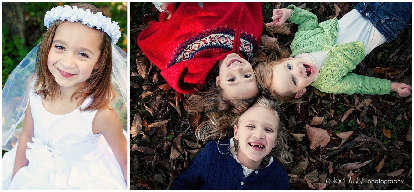 sisters in leaves, little girl in white dress
