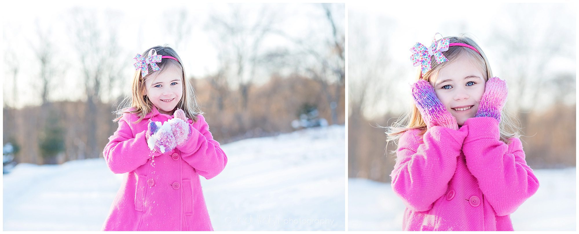little girl in a bright pink coat, in the snow