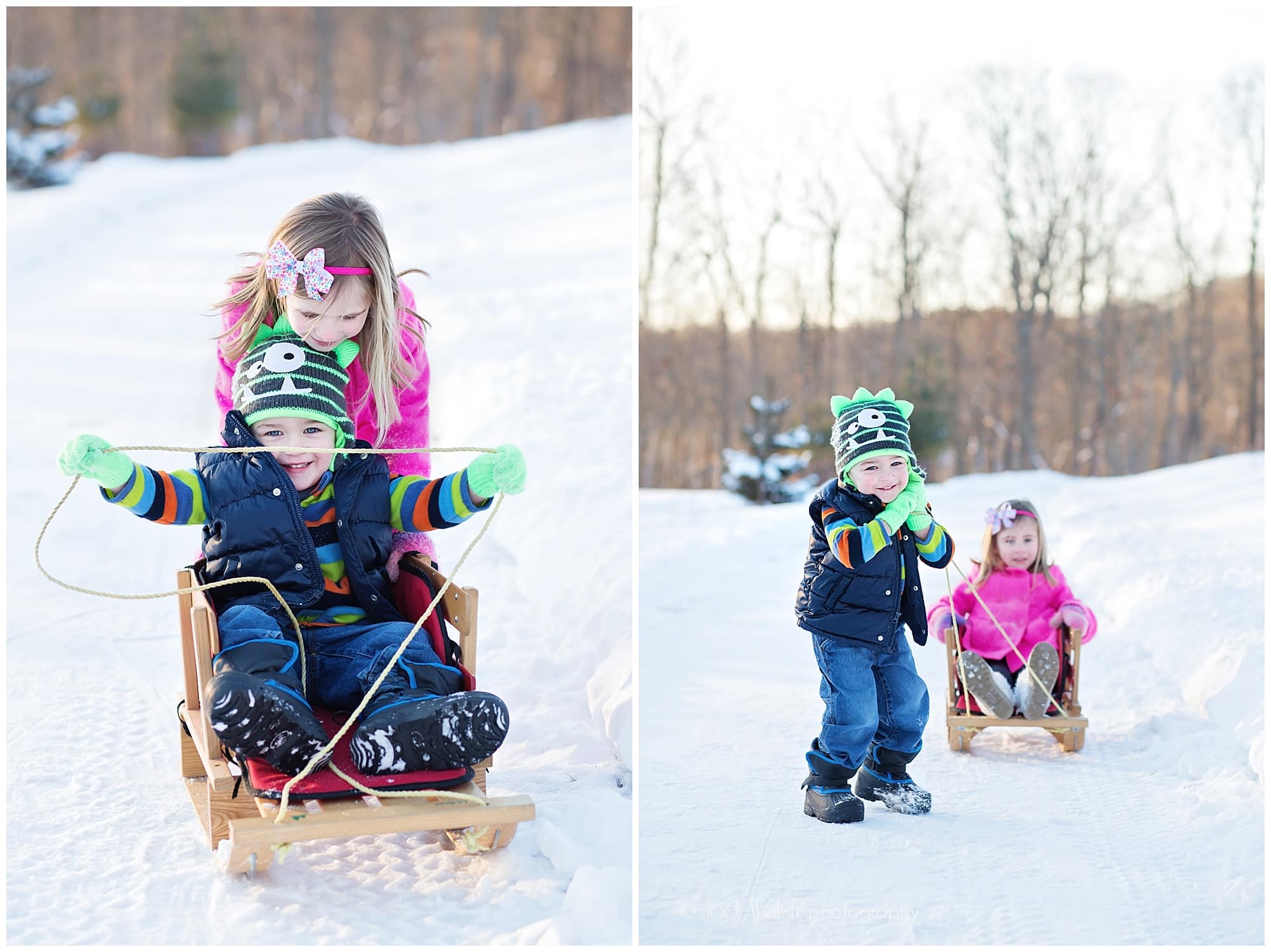 brother and sister in an old wooden sled