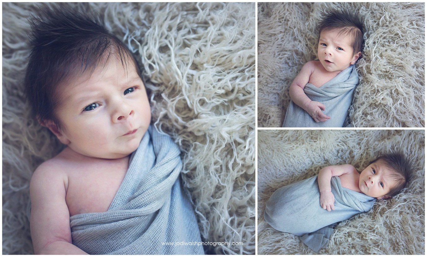 collage of images of an Erie newborn baby boy with a full head of dark hair. He's wide awake while wrapped in a gray blanket and laying on a beige fur blanket.