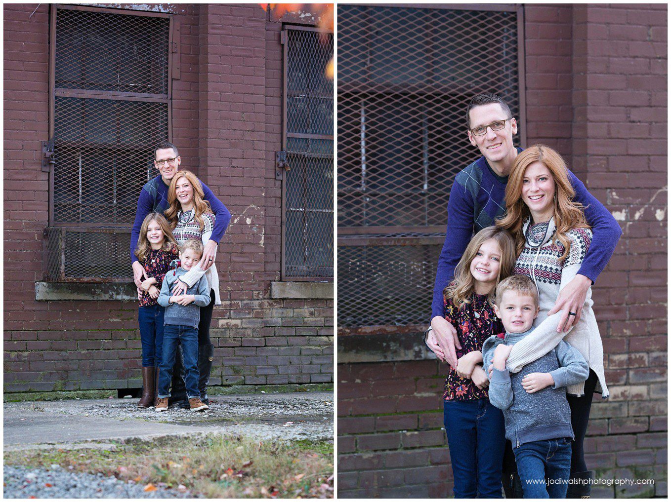 collage of Strip District family portraits.  Images of mom and kids with dad wrapping them all in a big hug while standing in an alley way.