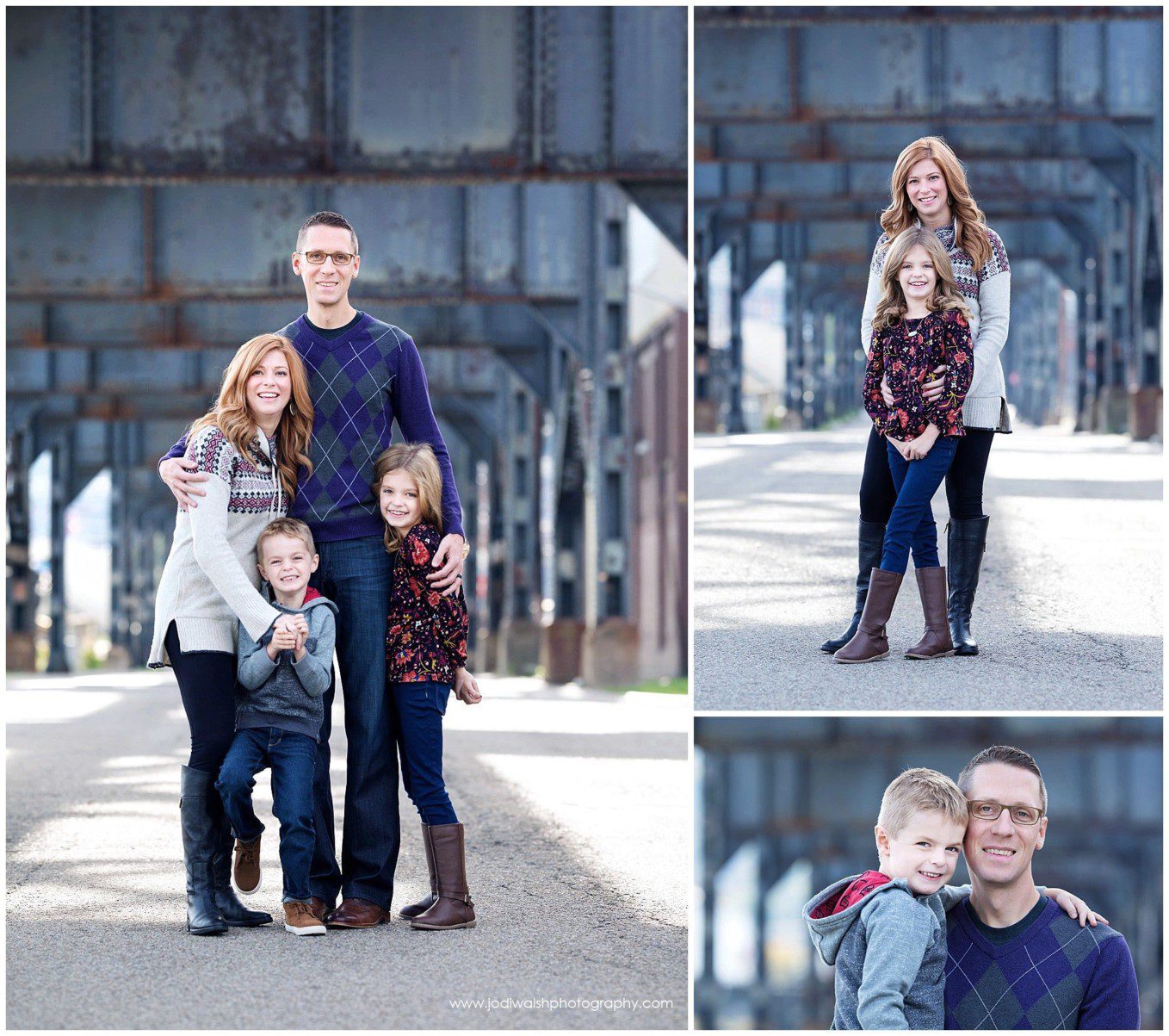 collage of strip district family portraits.  image of mom and dad with young daughter and son, standing in a road underneath the steel beams of a railroad bridge.