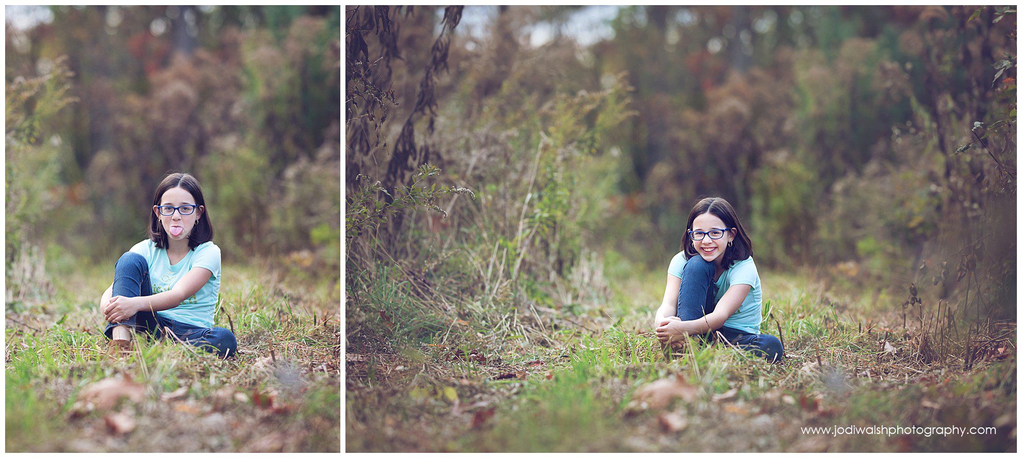 tween girl in Harry Potter t-shirt sitting in field