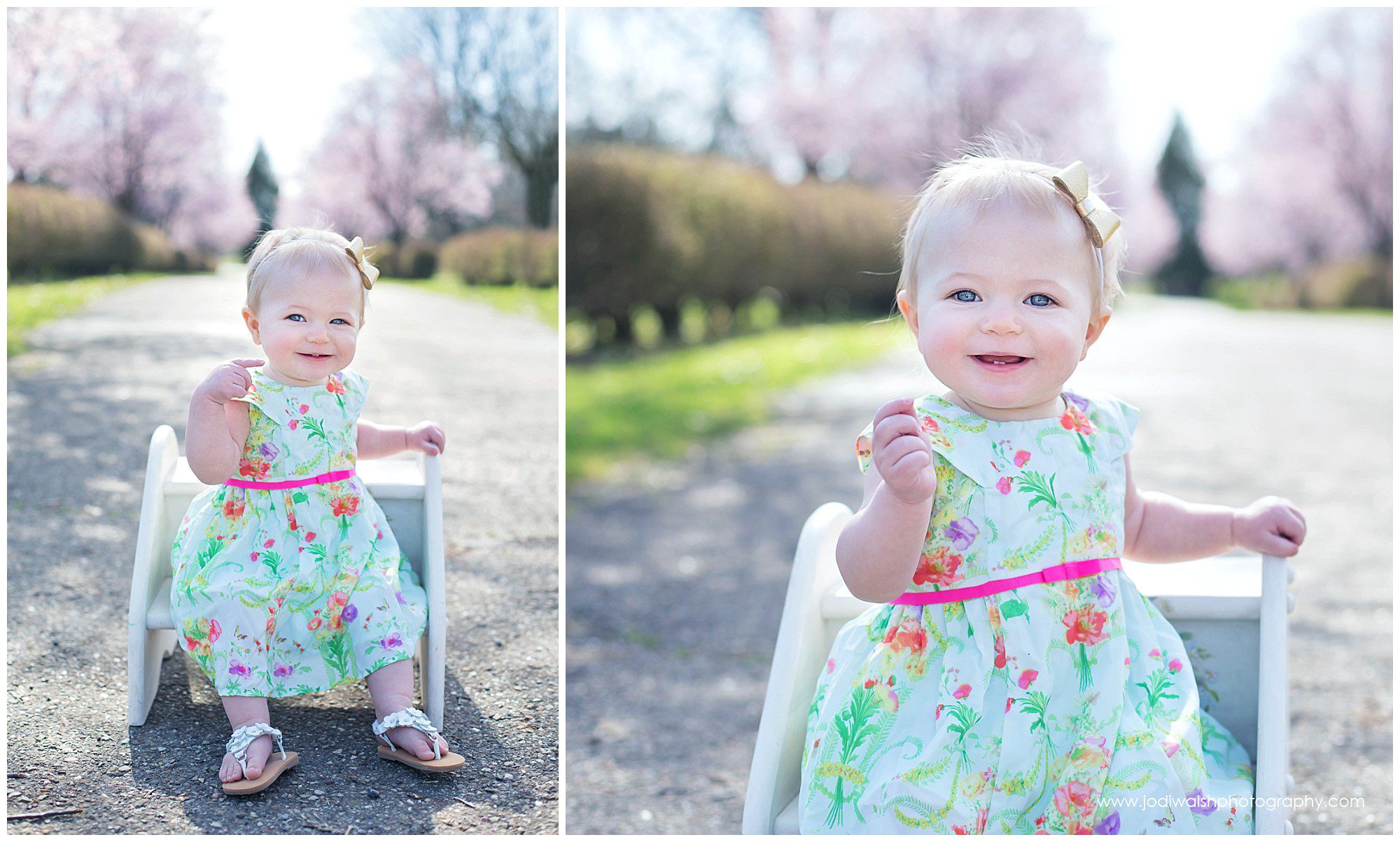 baby girl wearing a pink and green dress in the spring, Wexford