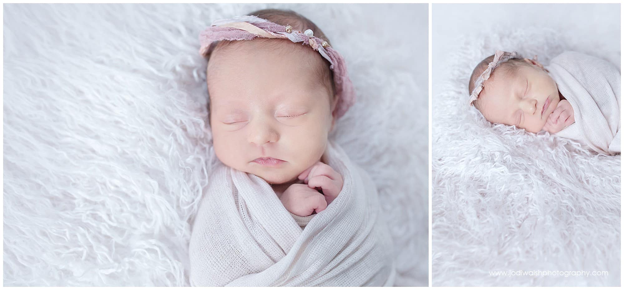 sleeping newborn baby girl with pale pink wrap and pink tie back