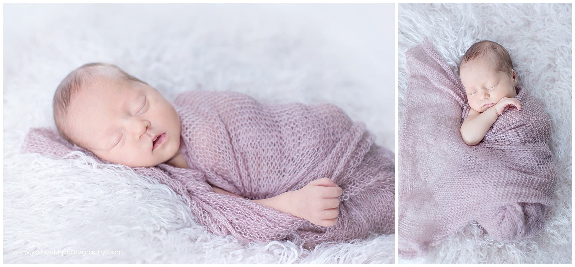 sleeping newborn baby girl in pink wrap on white fur