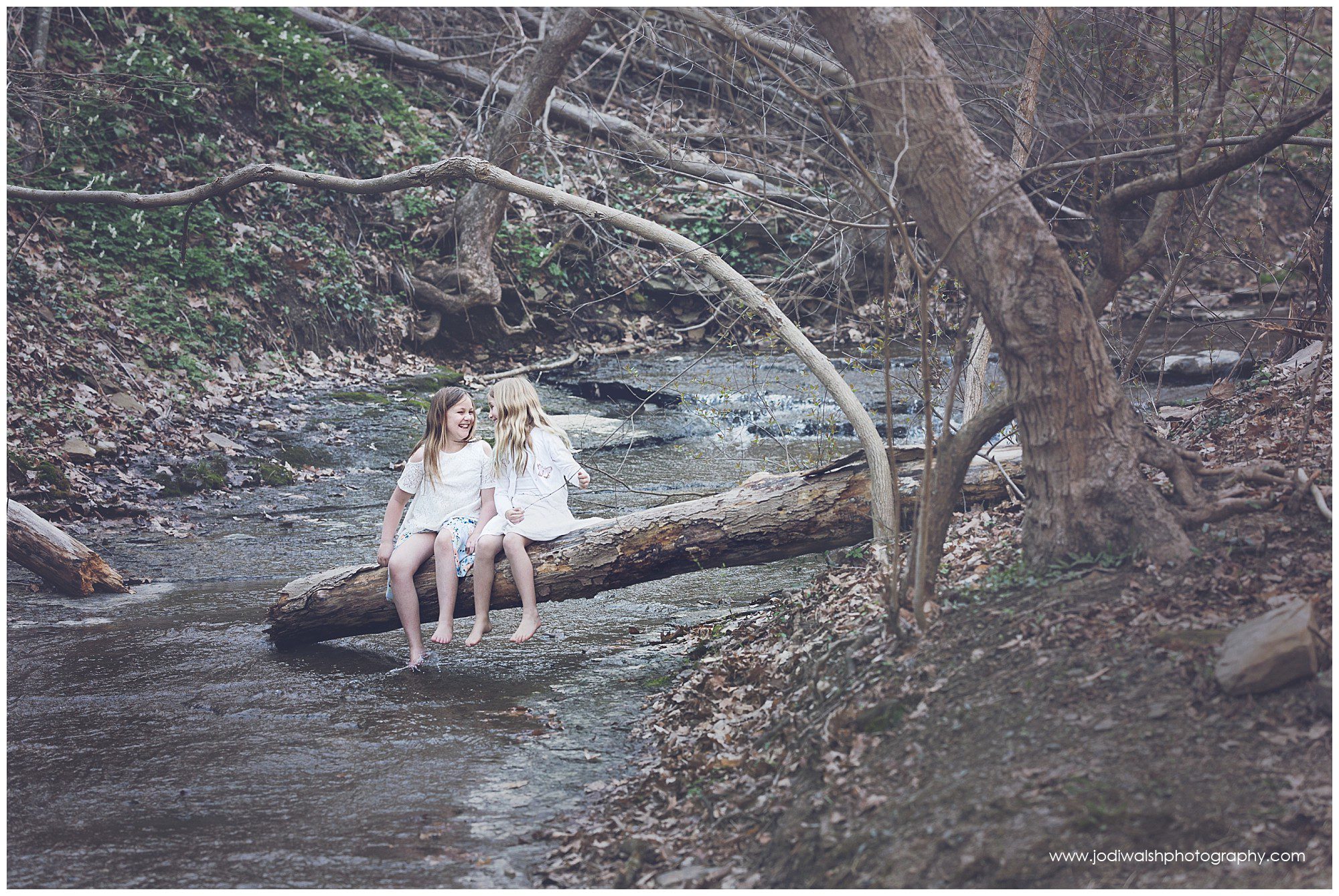 sisters sitting on a fallen log of a Pittsburgh area creek