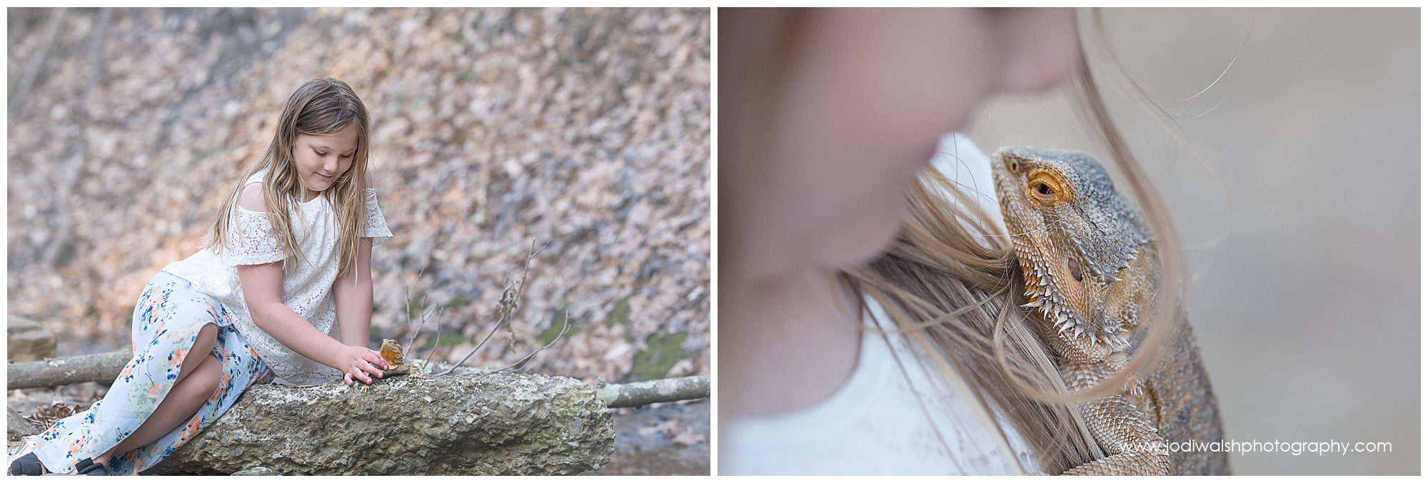 little girl with pet bearded dragon lizard sitting on rock in Pittsburgh area park