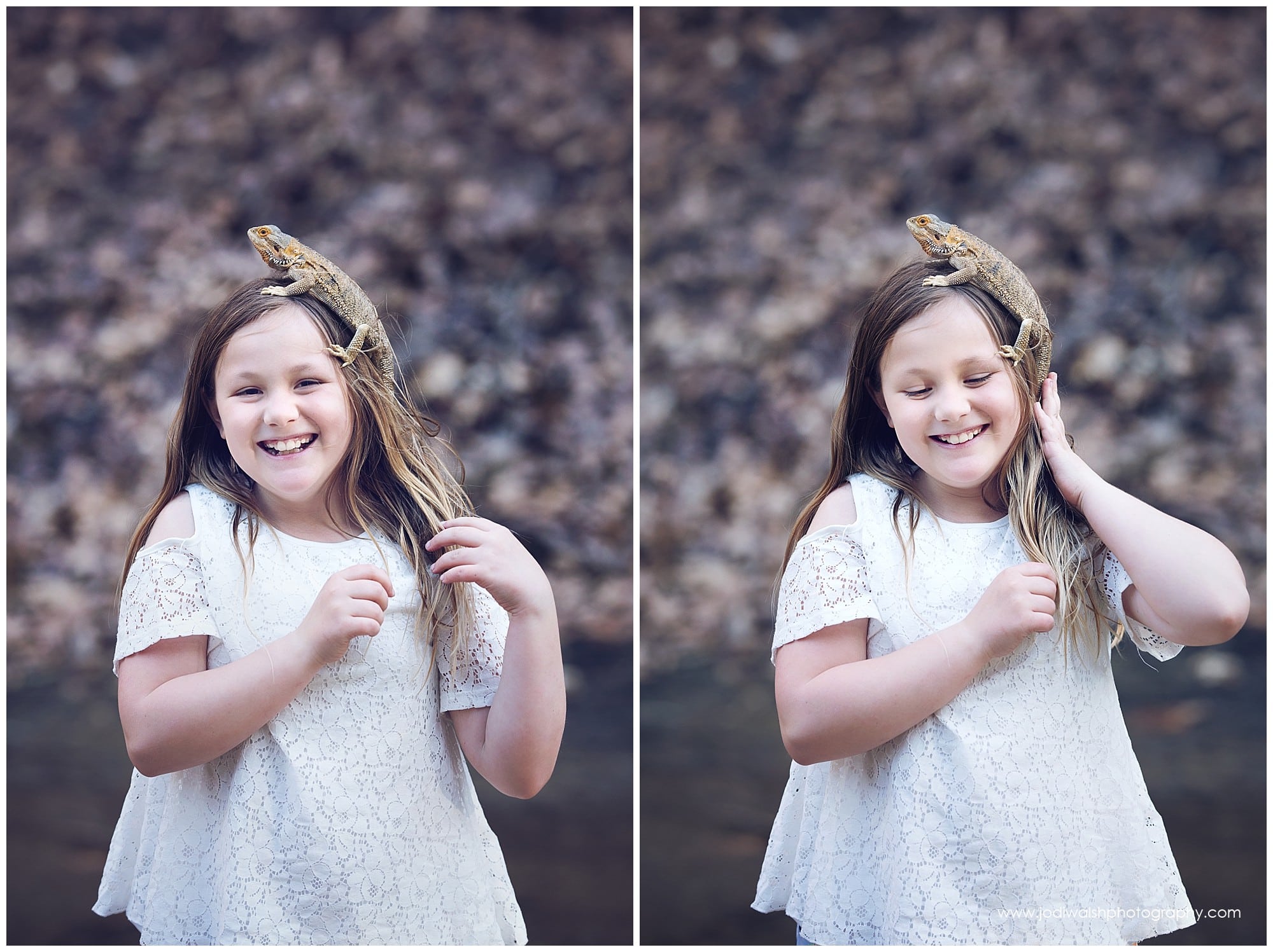 little girl with her pet bearded dragon lizard sitting on her head