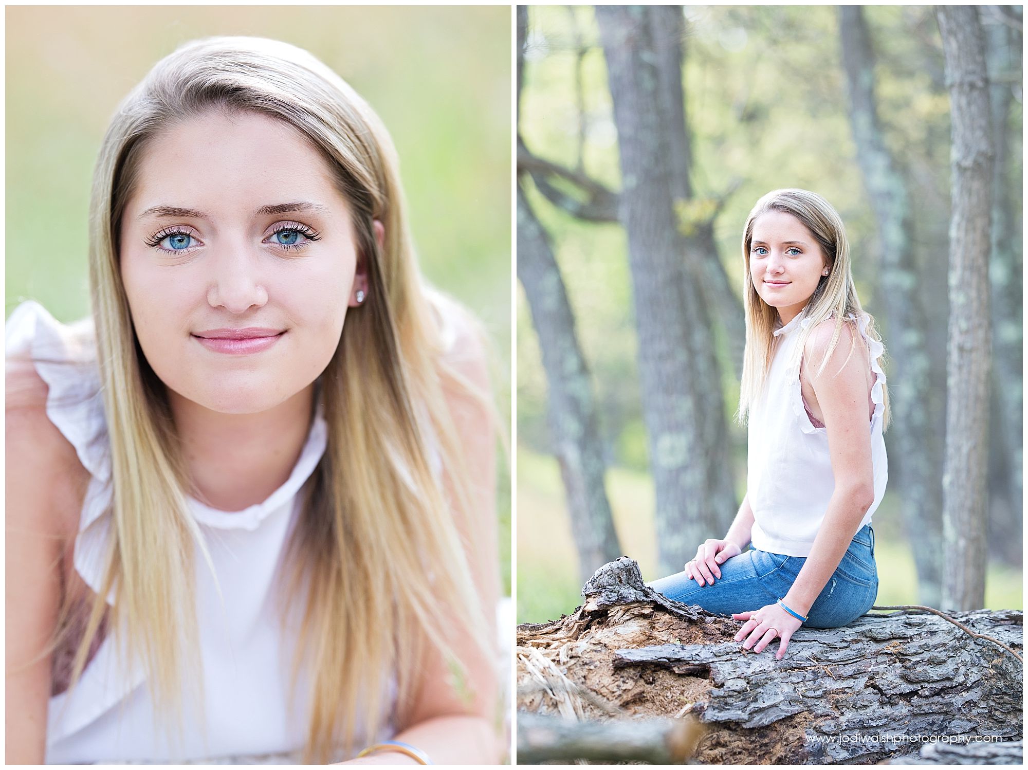 spring senior portrait of blonde with blue eyes in white shirt and bluejeans