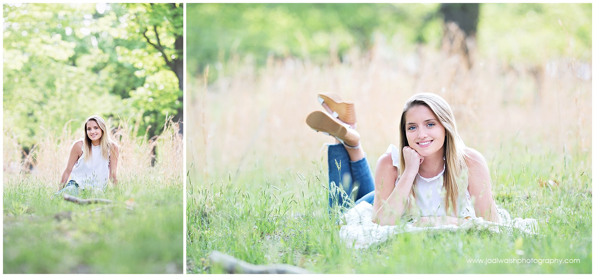 spring senior portrait session with girl sitting in tall grasses