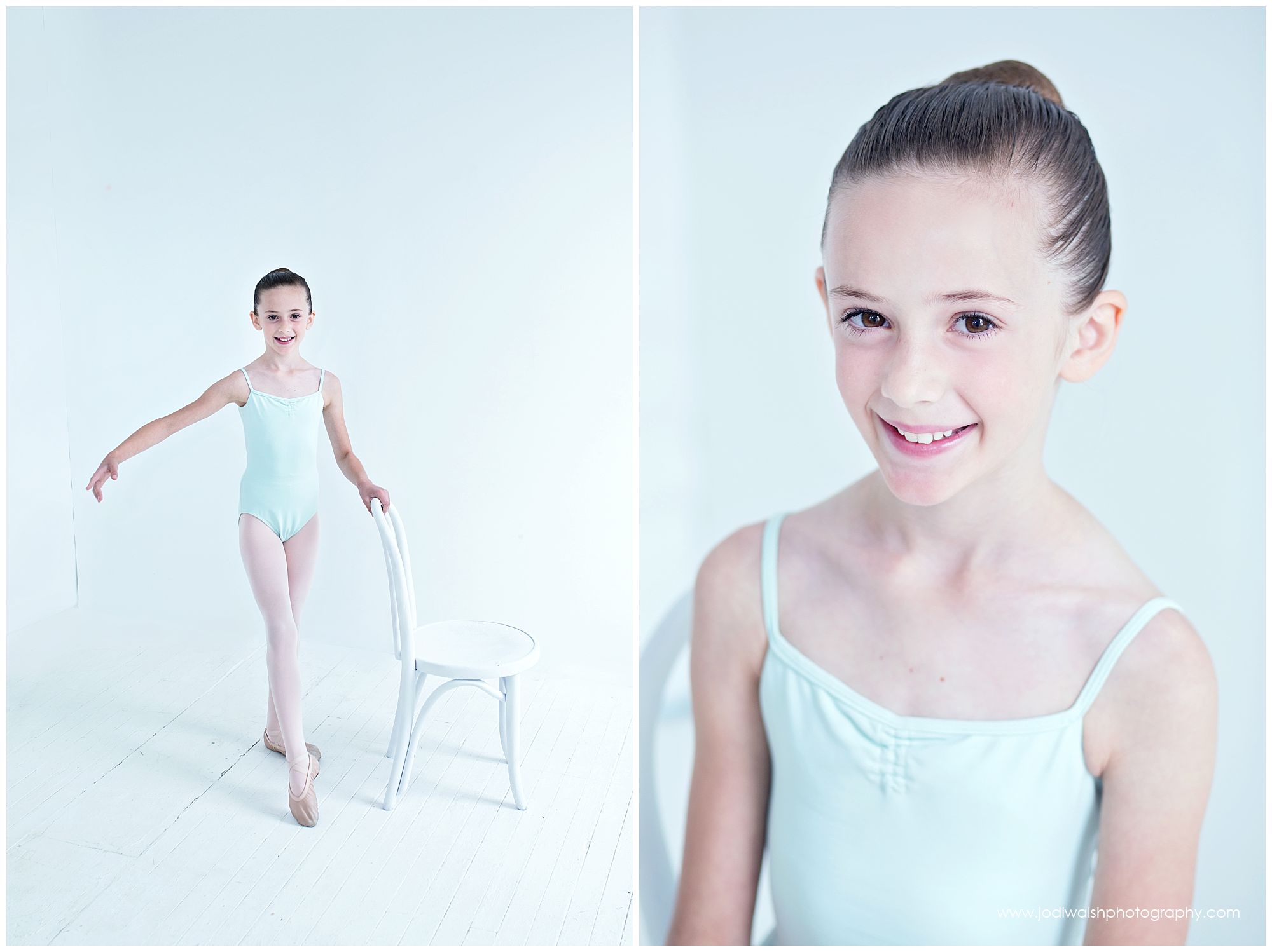 little girl, dancer, posing with white chair
