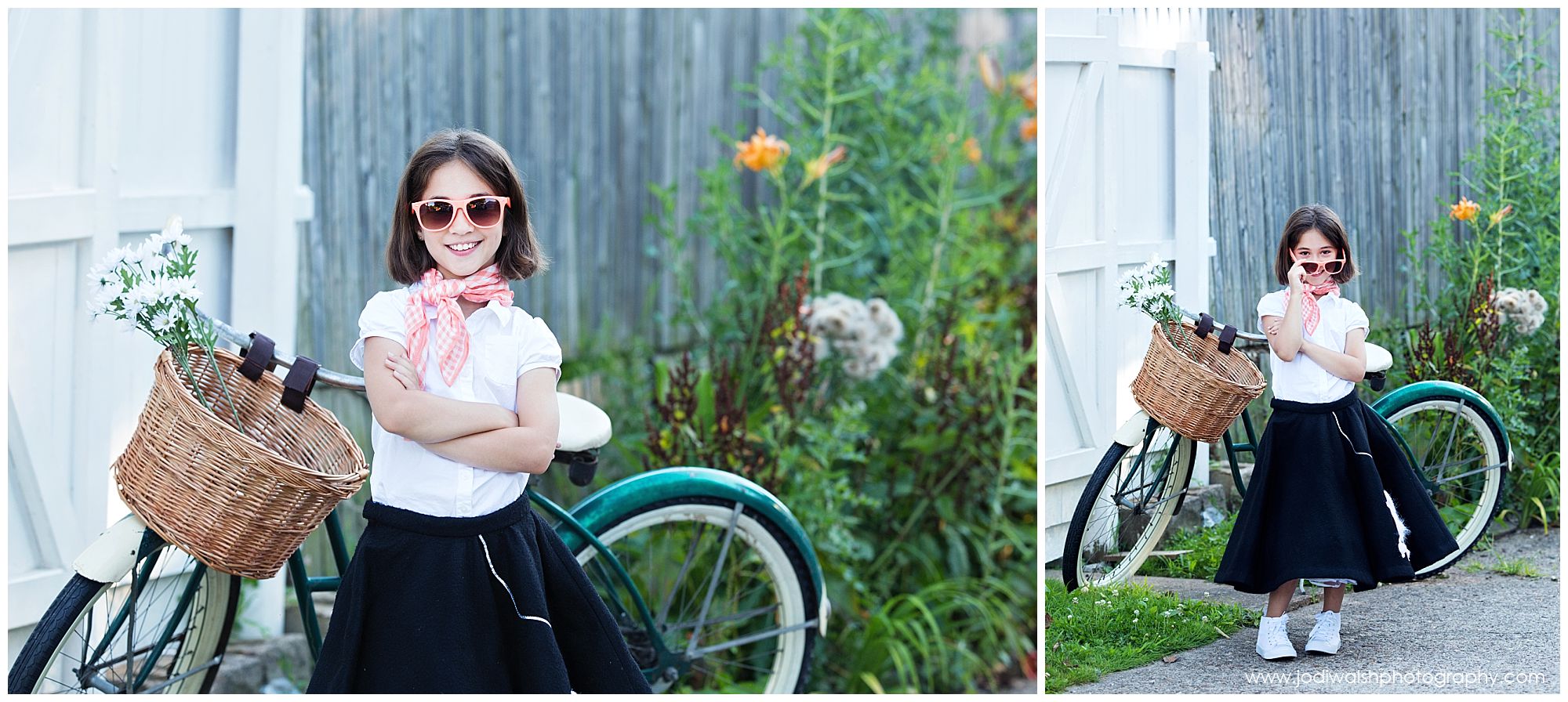 50s girl with poodle skirt and vintage bike