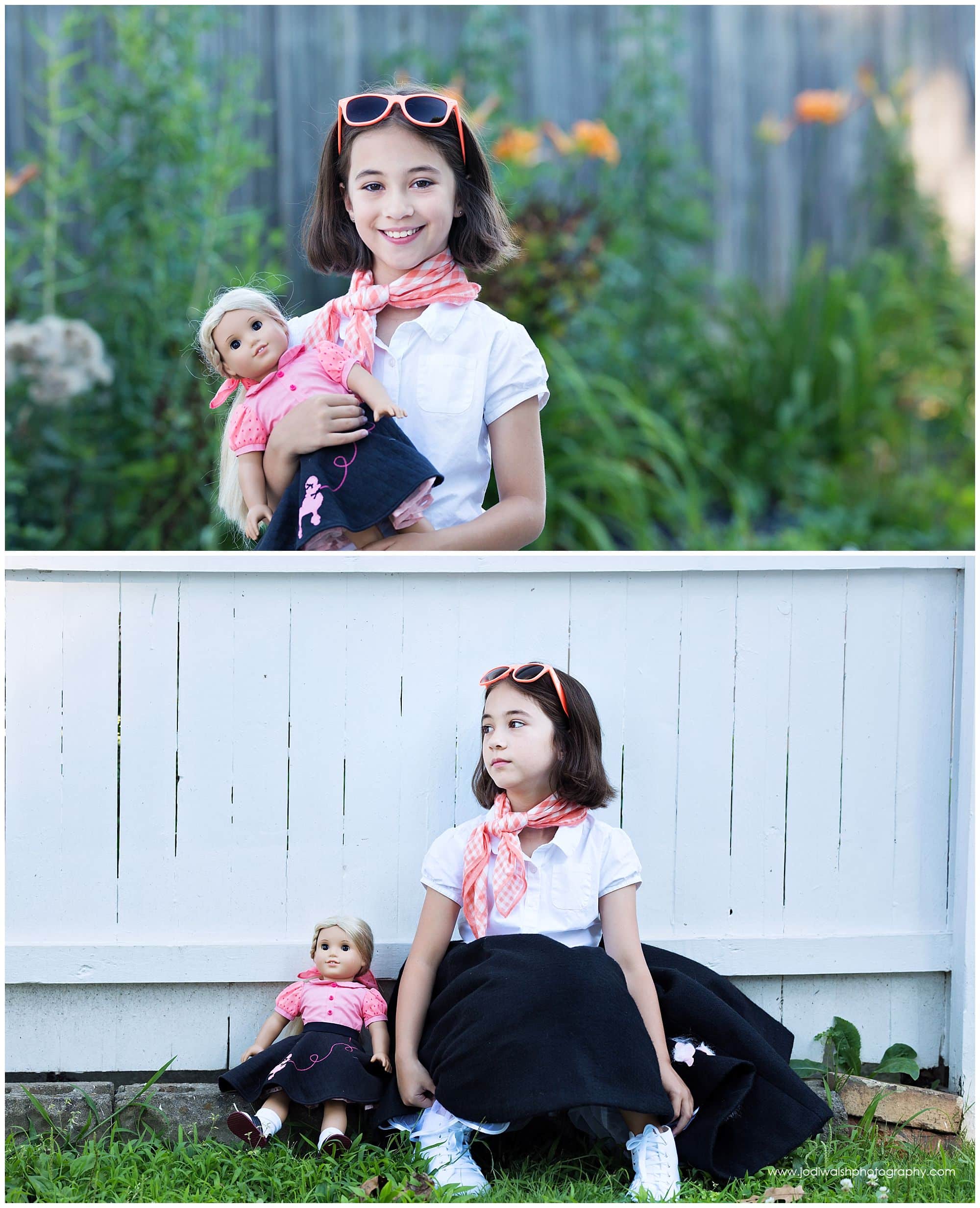 little girl with doll wearing a poodle skirt