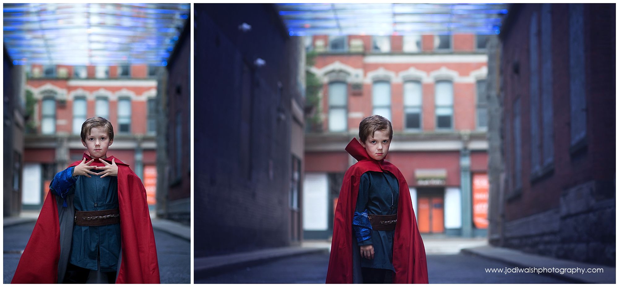 little boy in Dr. Strange inspired cosplay in Pittsburgh alley