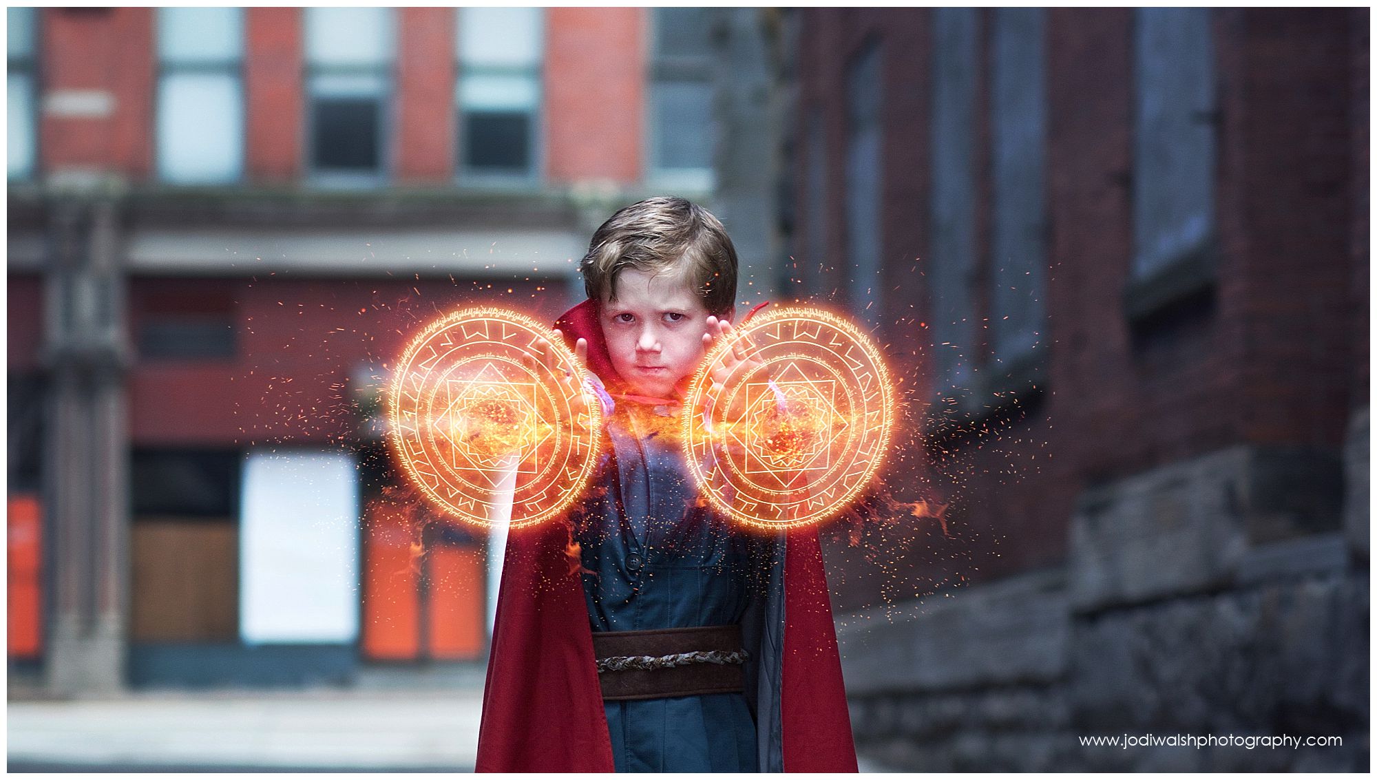 little boy in Dr. Strange inspired cosplay in Pittsburgh alley