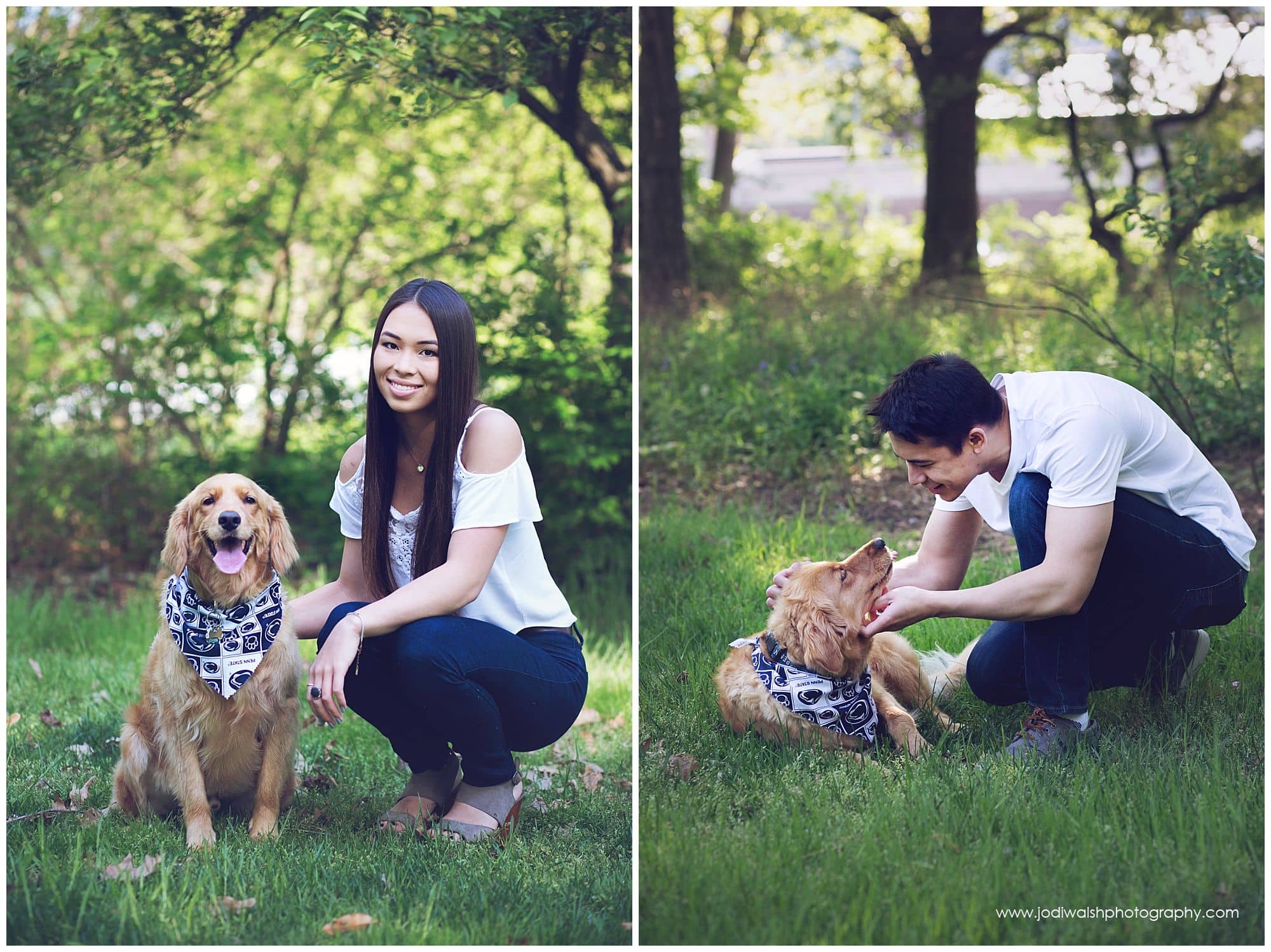 young man and woman with pet golden retriever mix dog wearing Penn State bandana