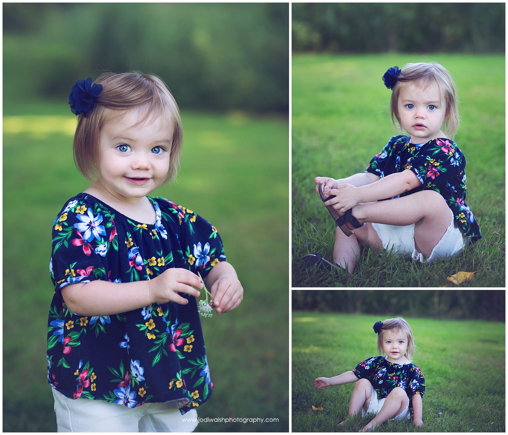 baby girl in navy blue flower shirt in summer
