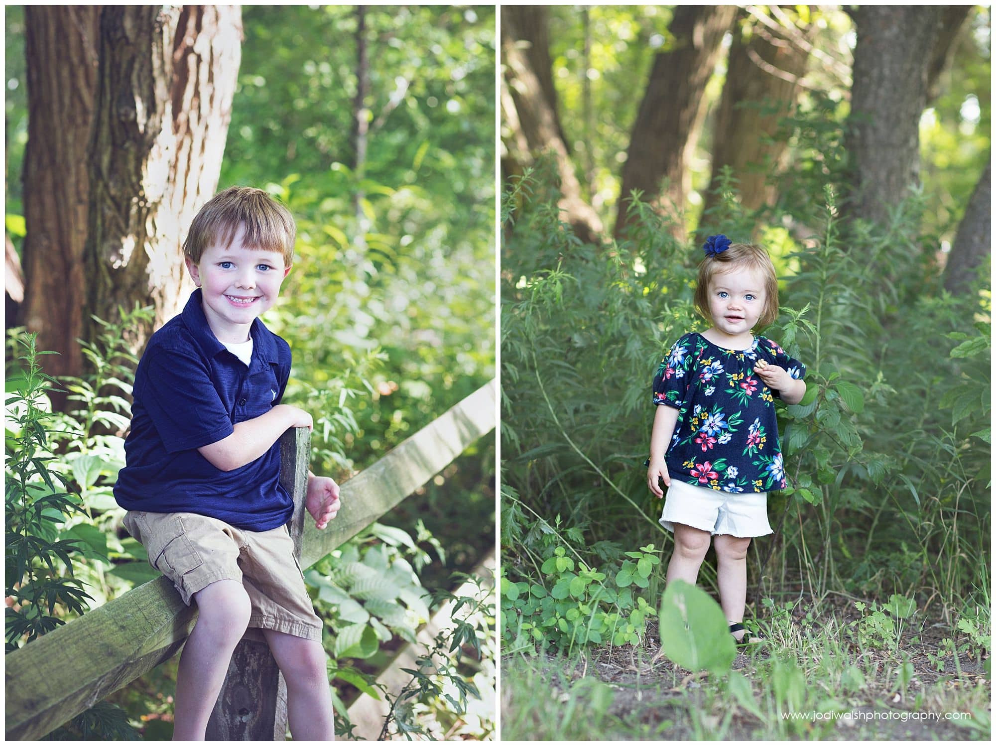 brother sitting on fence, baby girl in woods in summer