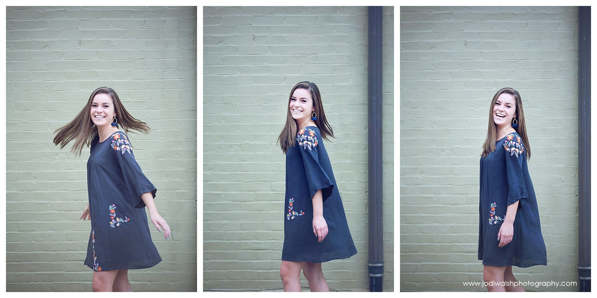 small-town senior portrait with Jodi Walsh Photography in Sewickley.  A trio of images of a senior girl wearing a gray dress, twirling and smiling in front of a cream brick wall.