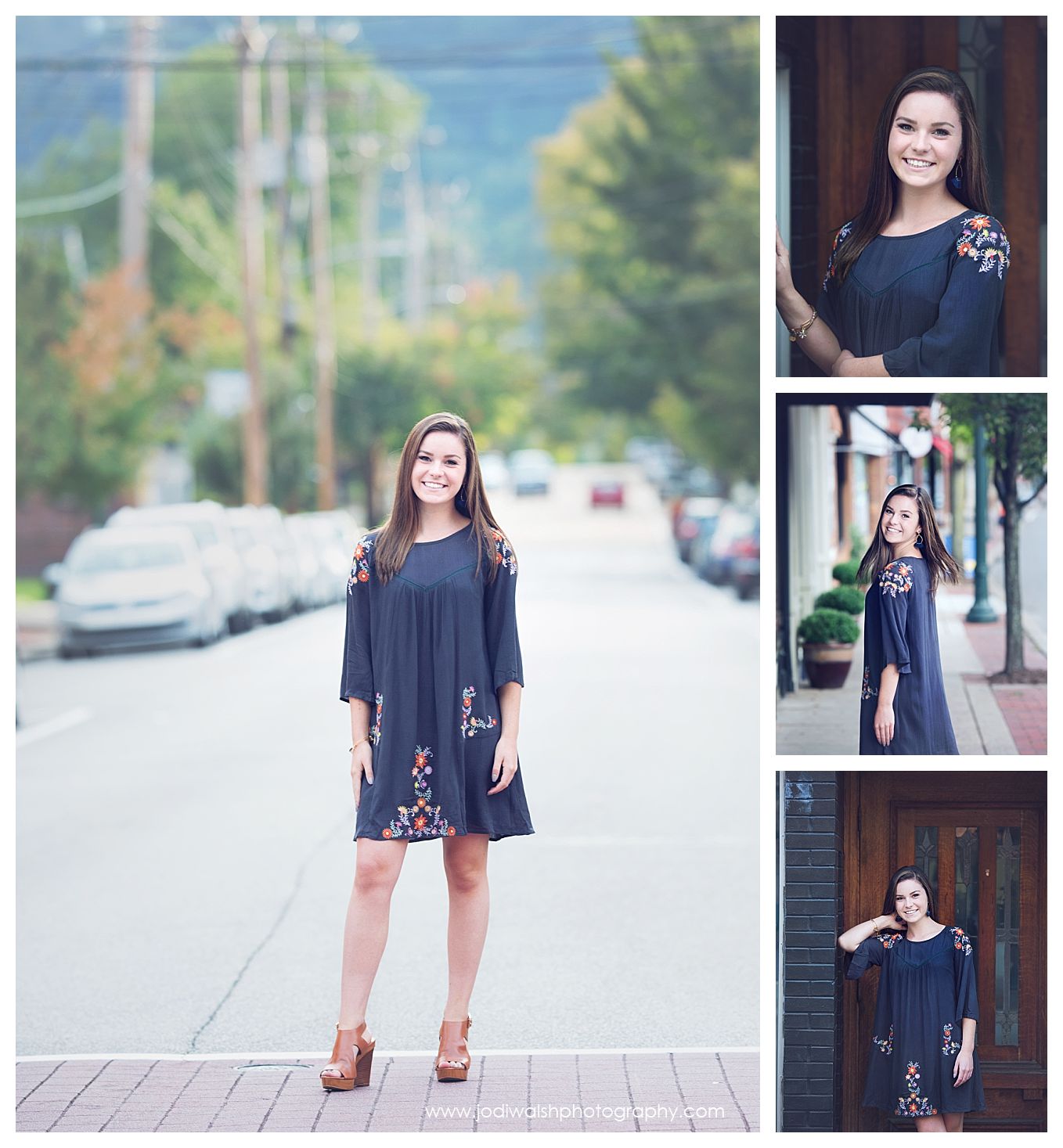 small-town senior portrait in Sewickley.  Collage of images of a senior girl in a gray dress.  She's standing in the street and smiling and walking down the sidewalk.