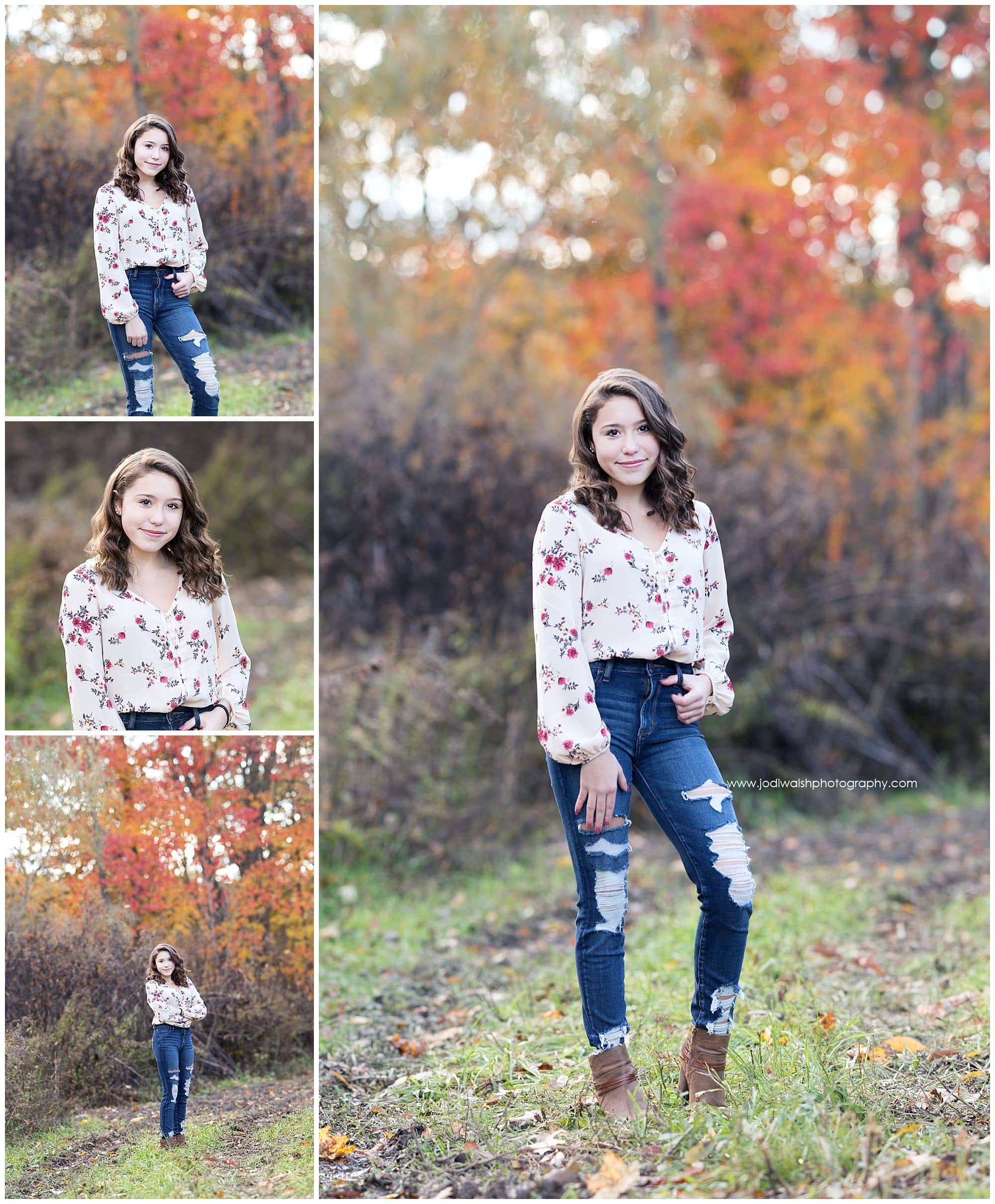 Pittsburgh area teen girl in blouse and ripped jeans with fall leaves