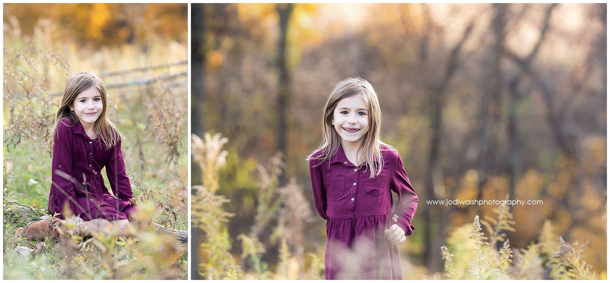 little girl in fall grasses wearing a plum dress