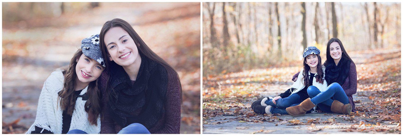 fall portraits with teen sisters in Sewickley park, Pittsburgh