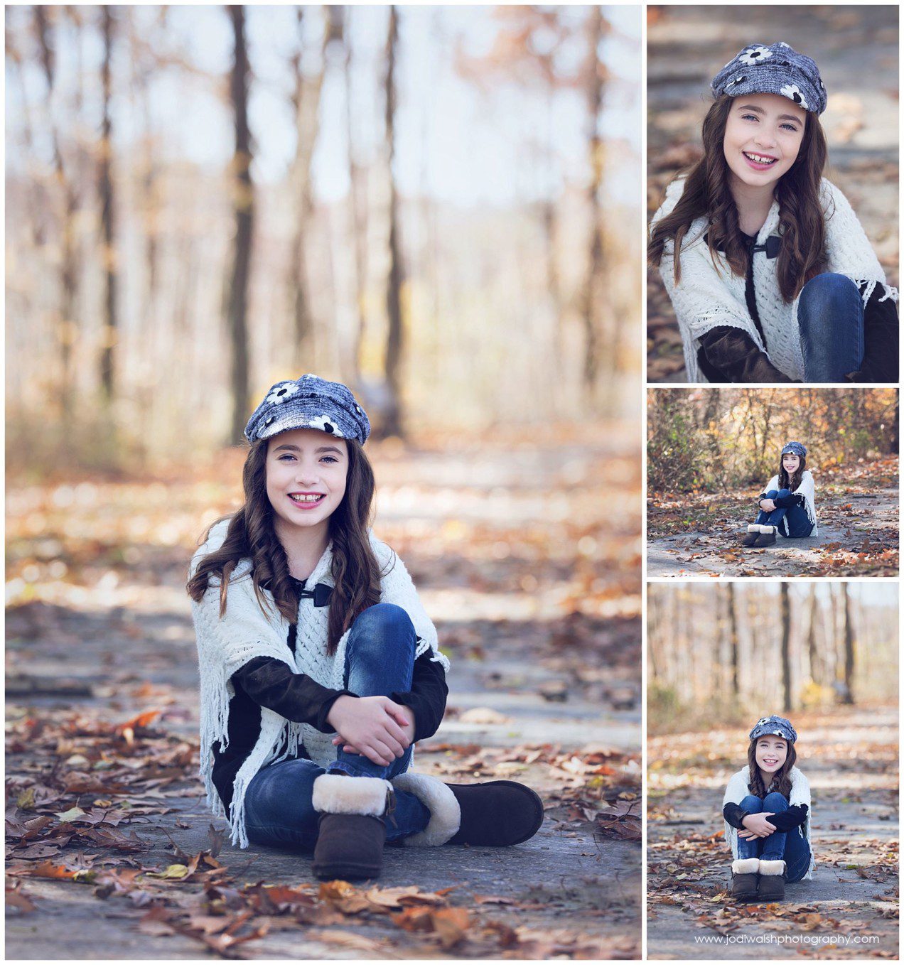 tween girl in pageboy hat sitting in the fall leaves