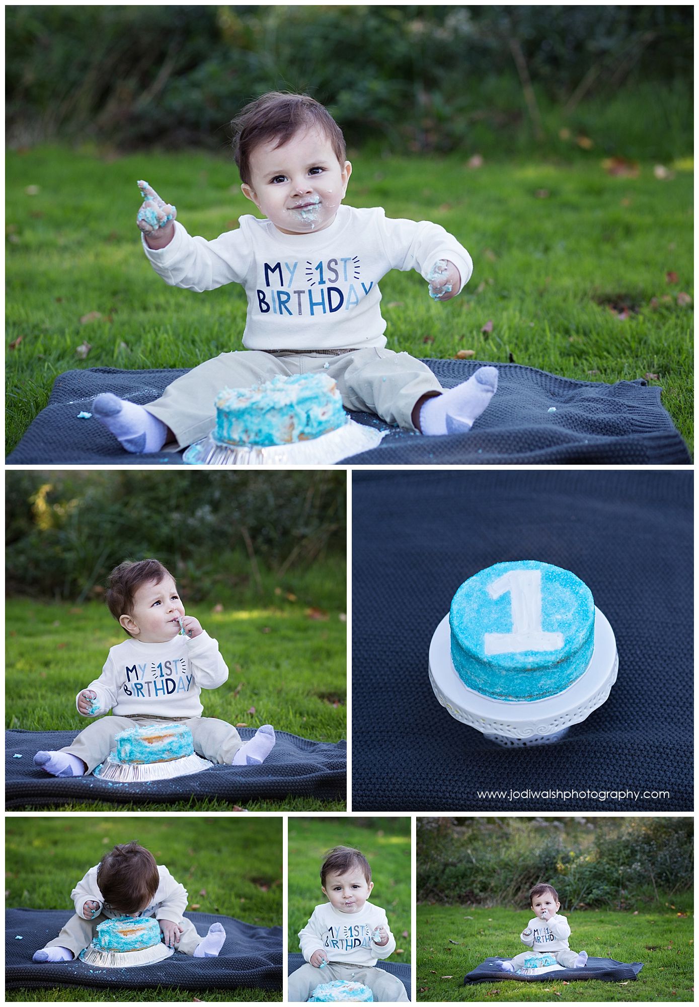 baby boy with first birthday smash cake at Erie park
