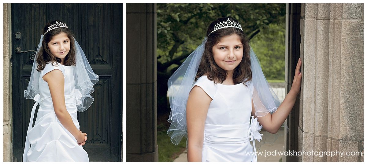 little girl in white dress and veil for first holy communion portraits at Hartwood Acres