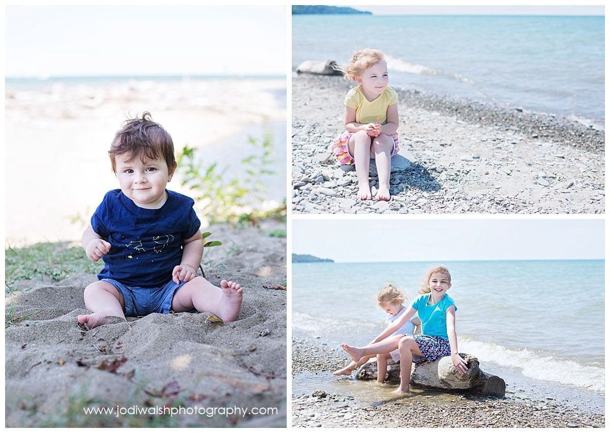 baby boy and big sisters sitting on the shore of Lake Erie locations