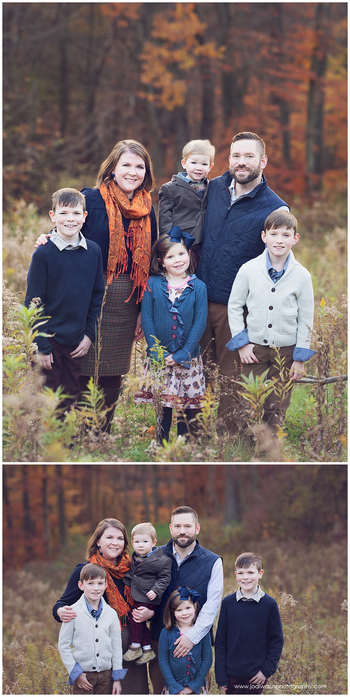 family of five in wooded park location for autumn portraits near Pittsburgh
