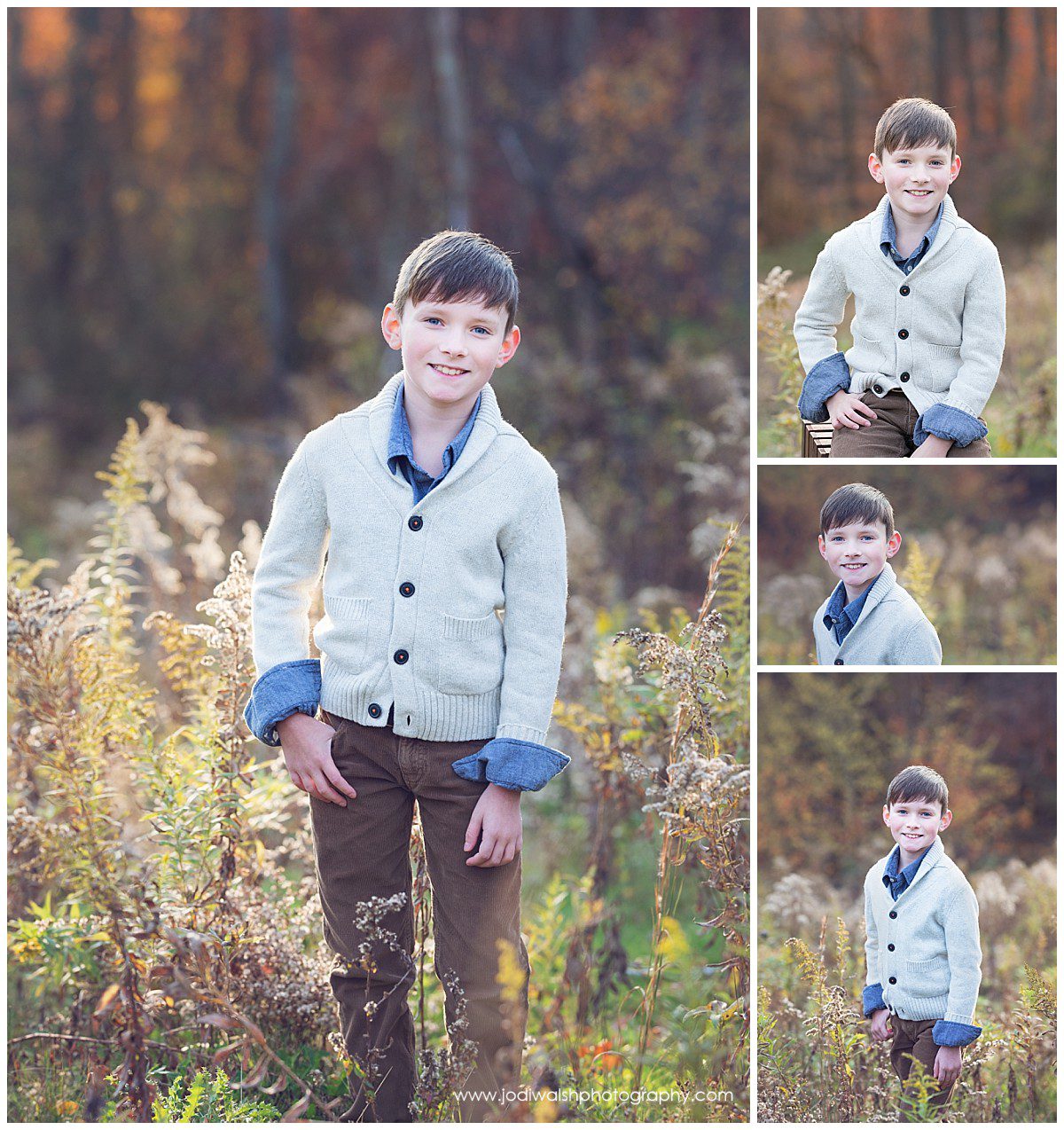 boy standing in autumn grasses in a Sewickley park near Pittsburgh