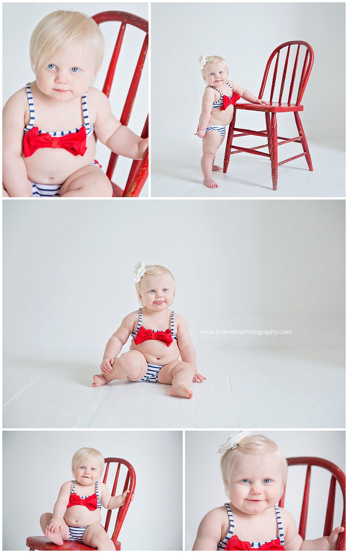 baby girl in red, white, and blue bikini with red chair