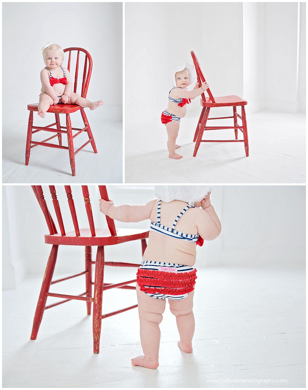 baby girl first birthday portraits in red, white, and blue bikini
