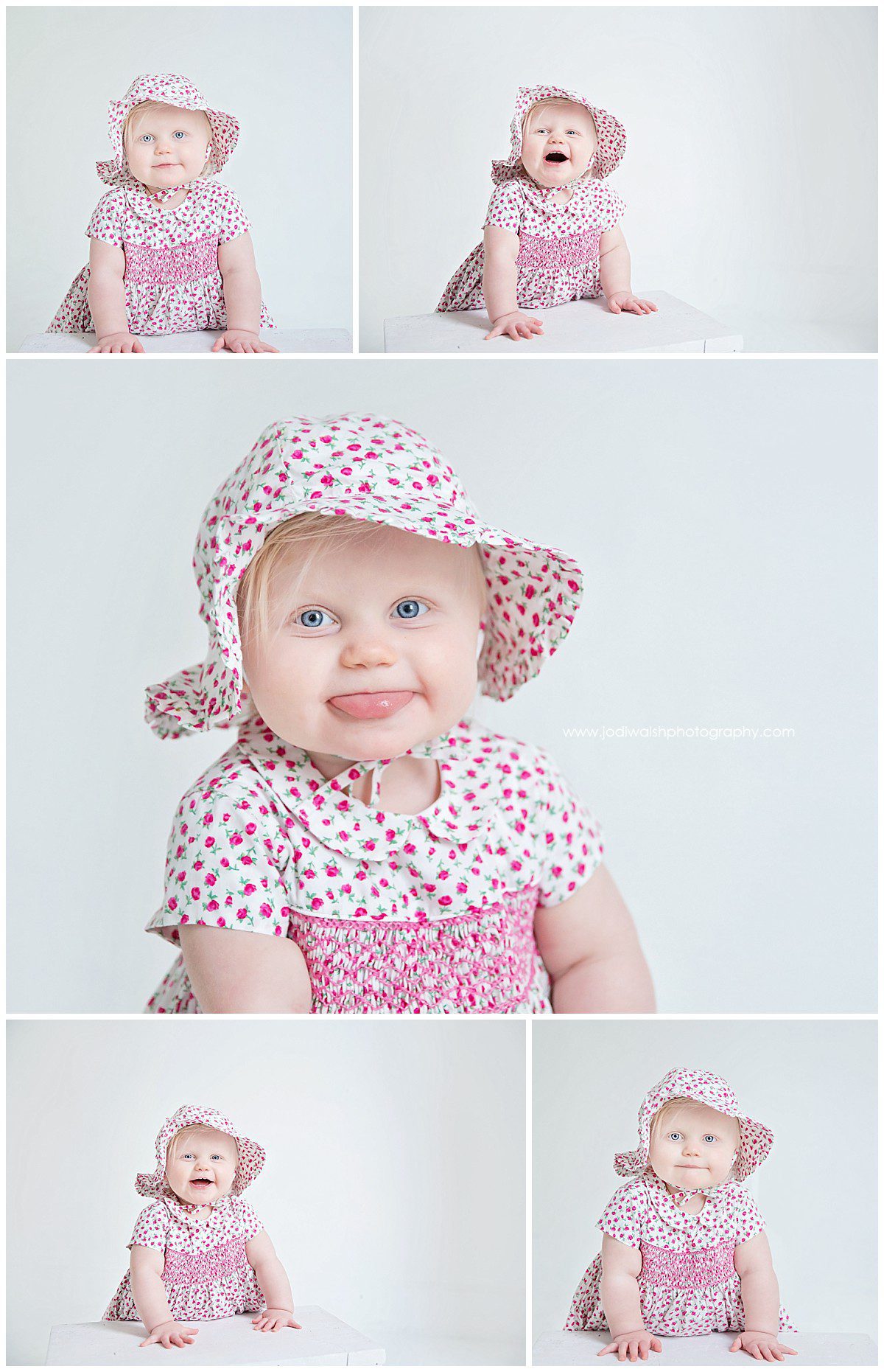 baby girl faces in flowered hat and dress