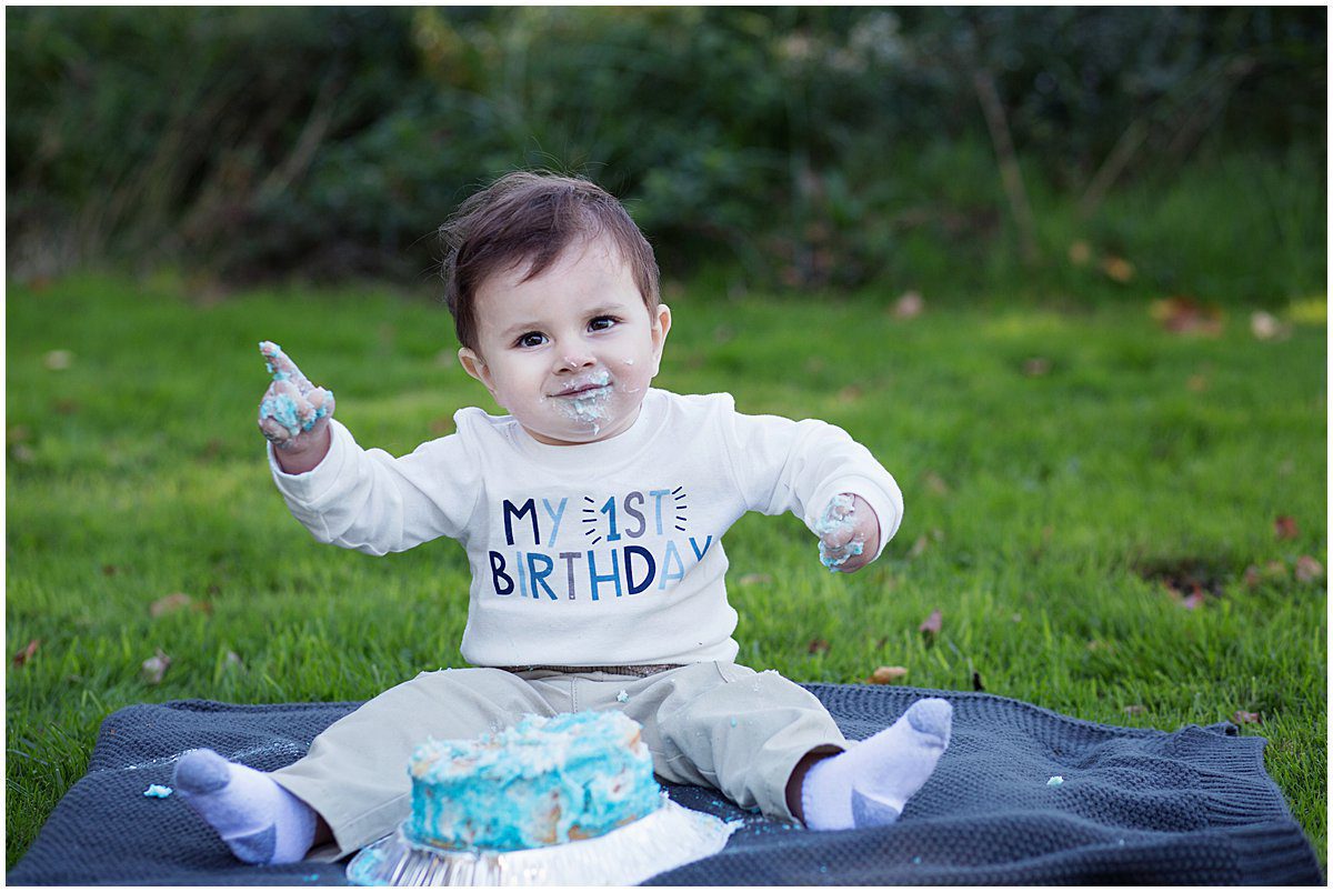 baby boy with first birthday cake pointing his finger in Erie park