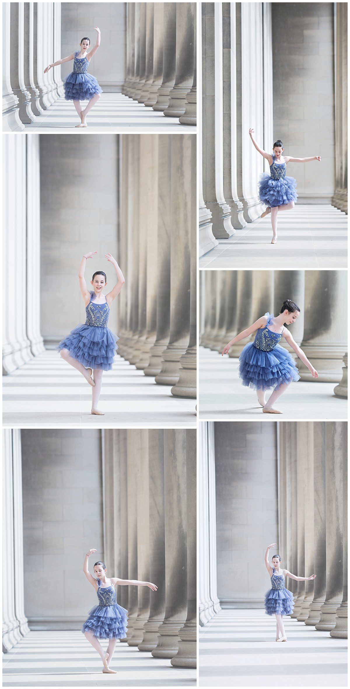 Images from creative dance portraits with Jodi Walsh Photography. this collage of images show a tween ballerina in blue dress dancing in stone hallway in Pittsburgh