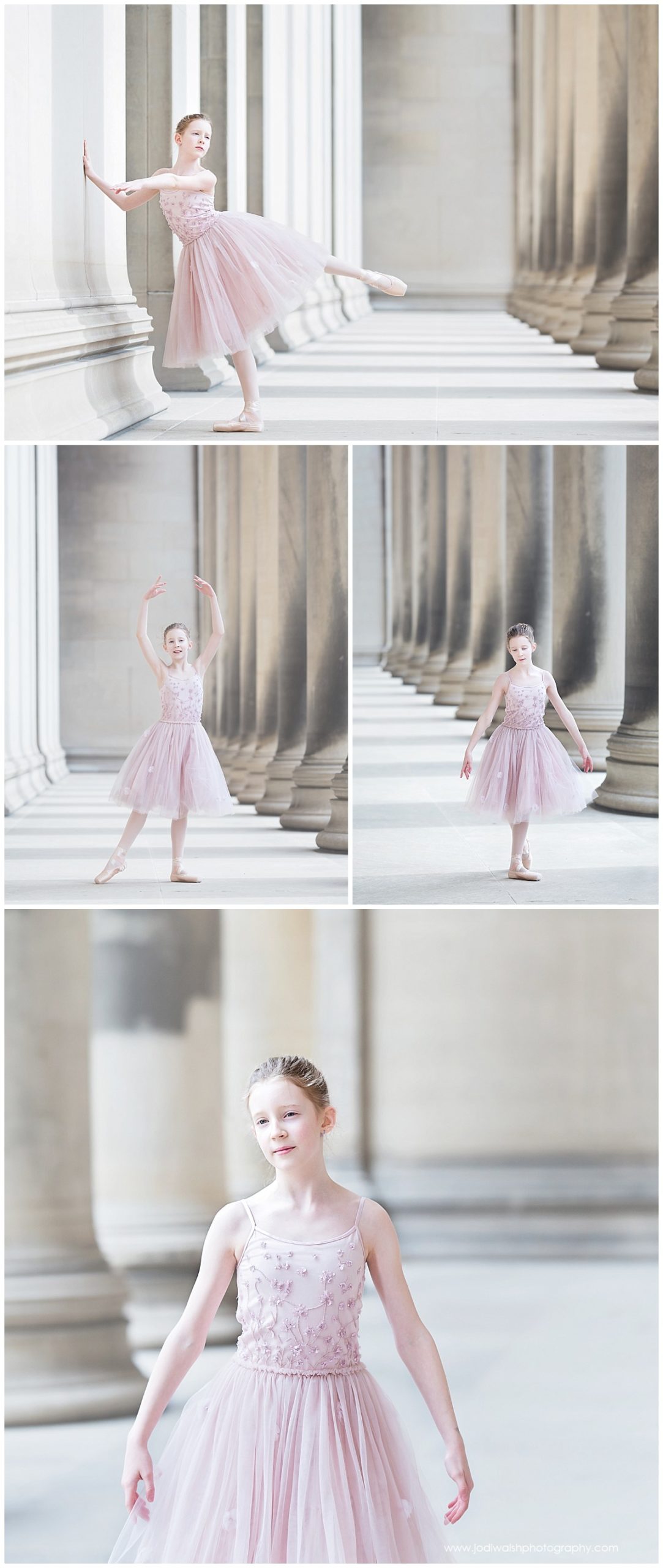 this collage of images show a tween ballerina in pink dress dancing in stone hallway in Pittsburgh